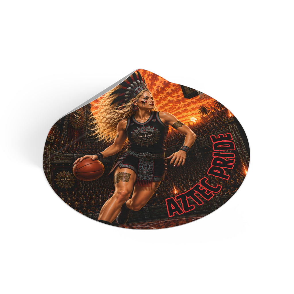 Aztec Basketball Female Warrior Round Vinyl Sticker 2”–6” | Made & Shipped in the USA • 🚚 FREE USA Shipping • Personalized Option