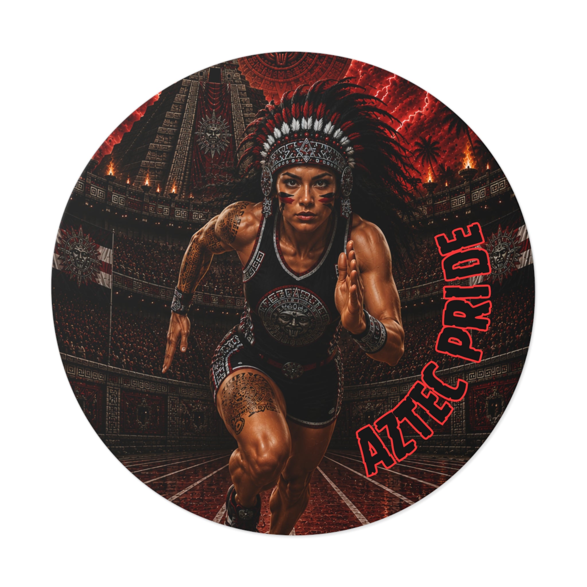 Aztec Track & Field Female Warrior Round Vinyl Sticker 2”–6” | Made & Shipped in the USA • 🚚 FREE USA Shipping • Personalized Option
