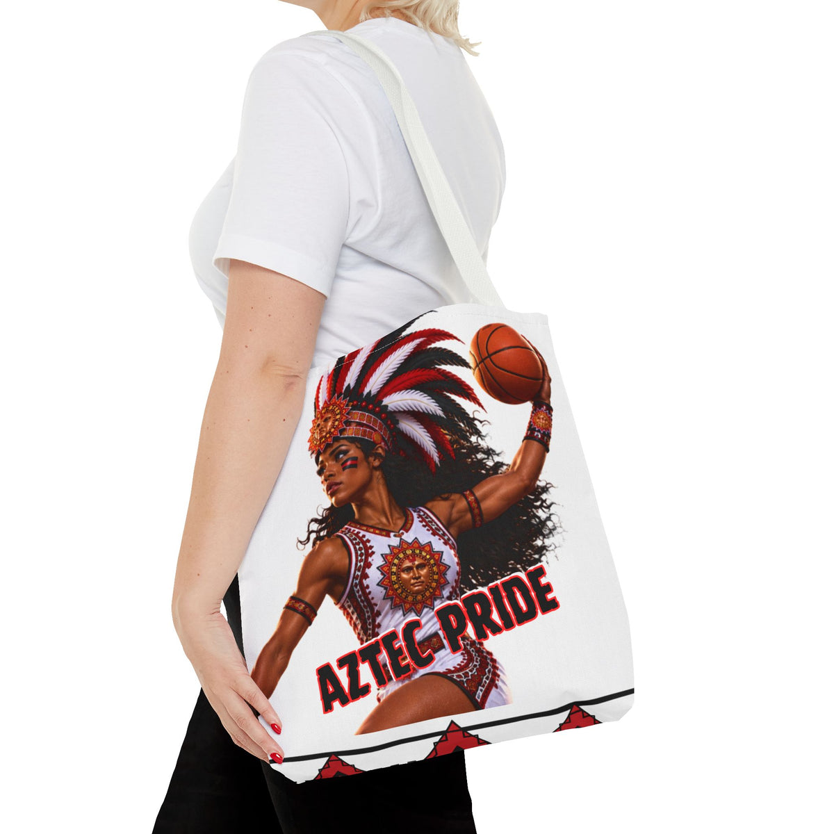 Aztec Basketball Black Female Warrior Tote Bag | Aztec-Inspired AI Art • Made & Shipped in the USA • 🚚 FREE USA Shipping • FREE Personalization