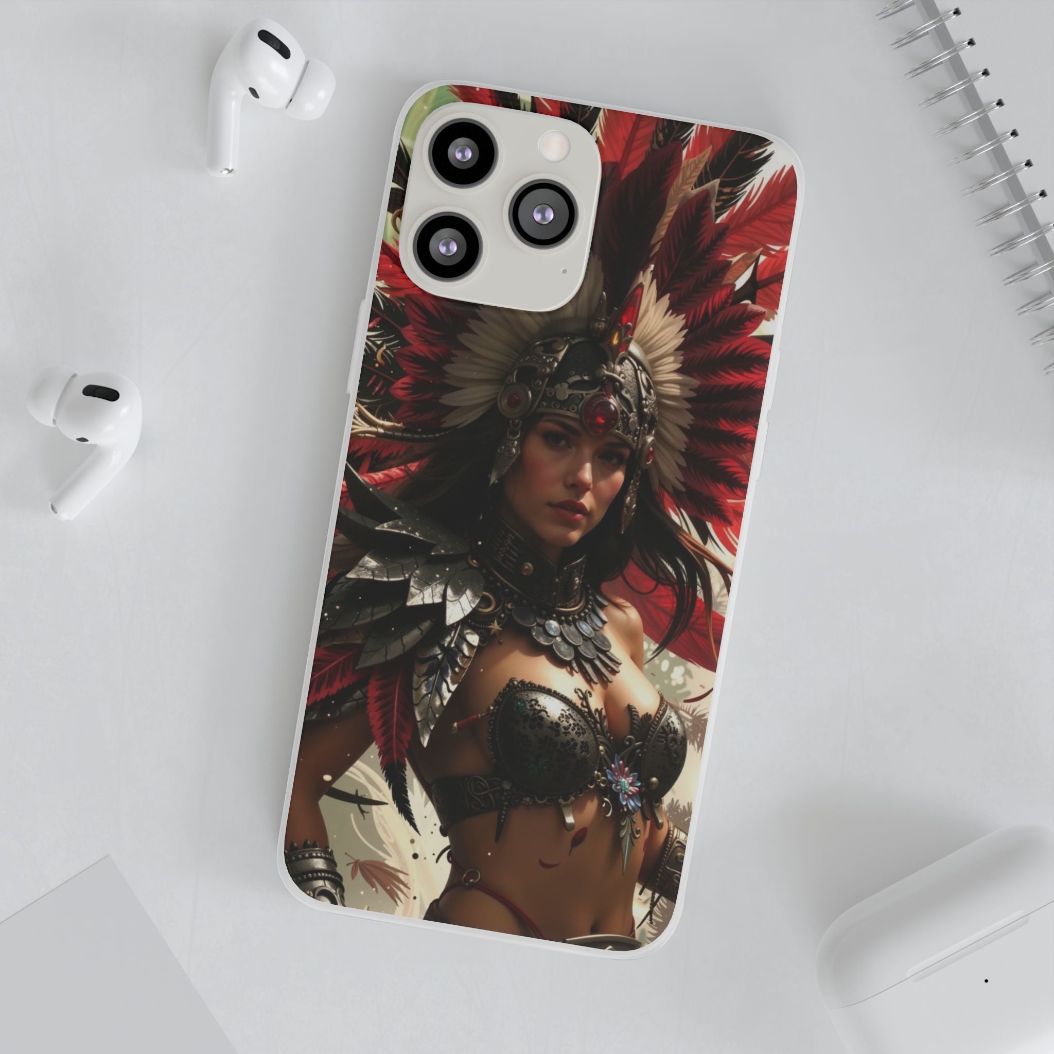 Aztec Blood Feather Goddess – Flexi Phone Case (iPhone & Samsung • Clear TPU • Made in USA • Personalized Option)