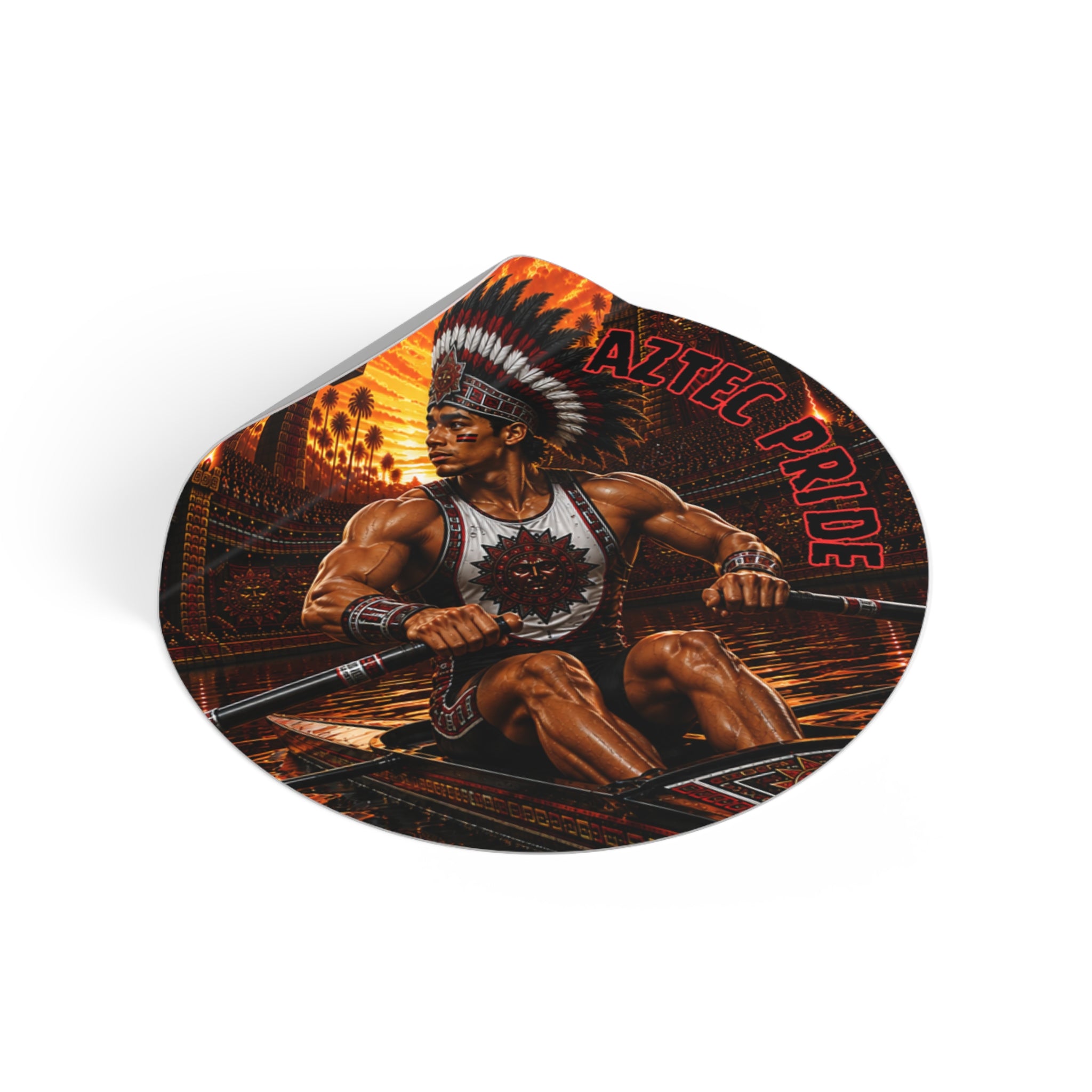 Aztec Rowing Warrior Round Vinyl Sticker 2”–6” | Made & Shipped in the USA • 🚚 FREE USA Shipping • Personalized Option