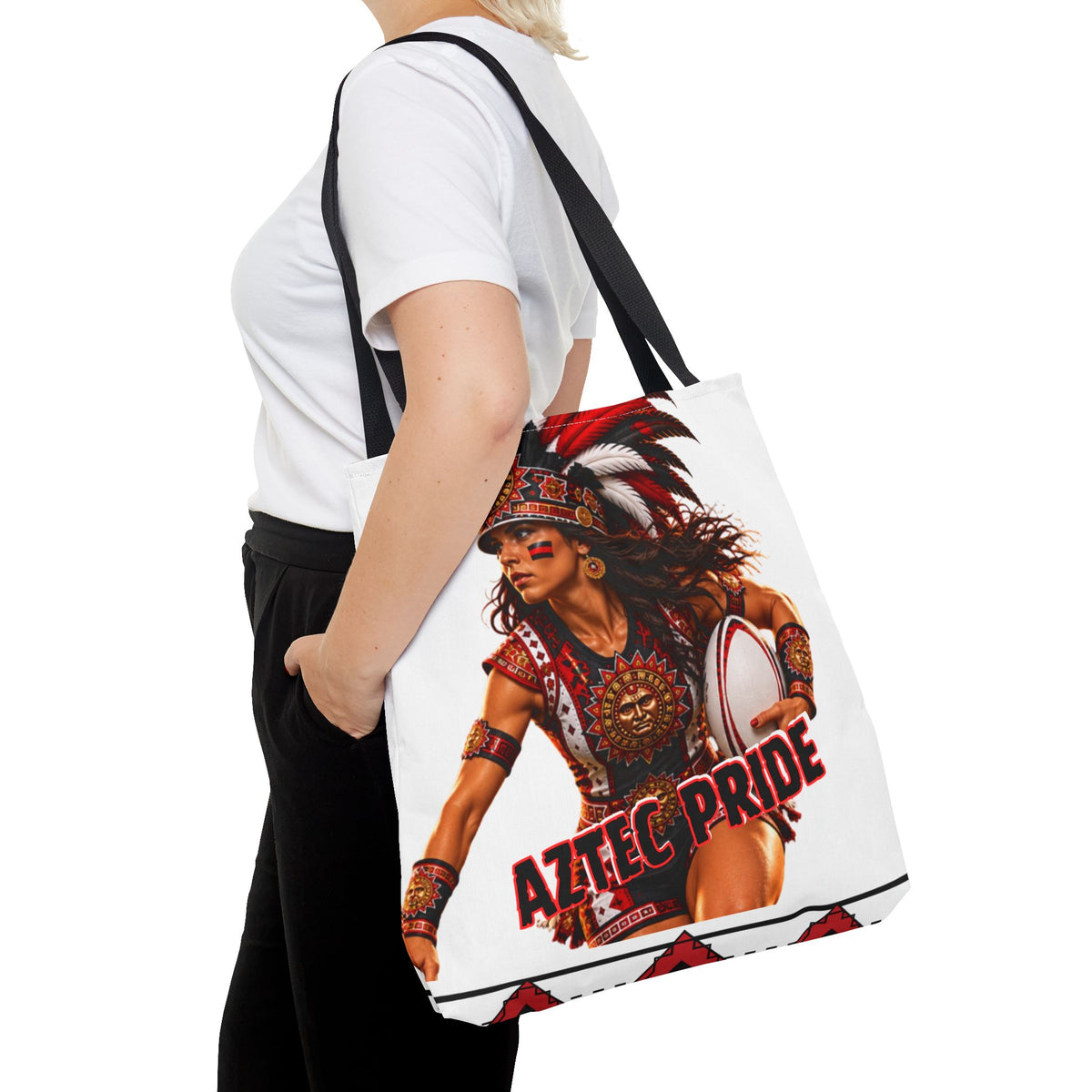 Aztec Rugby Female Warrior Tote Bag | Aztec-Inspired AI Art • Made & Shipped in the USA • 🚚 FREE USA Shipping • FREE Personalization