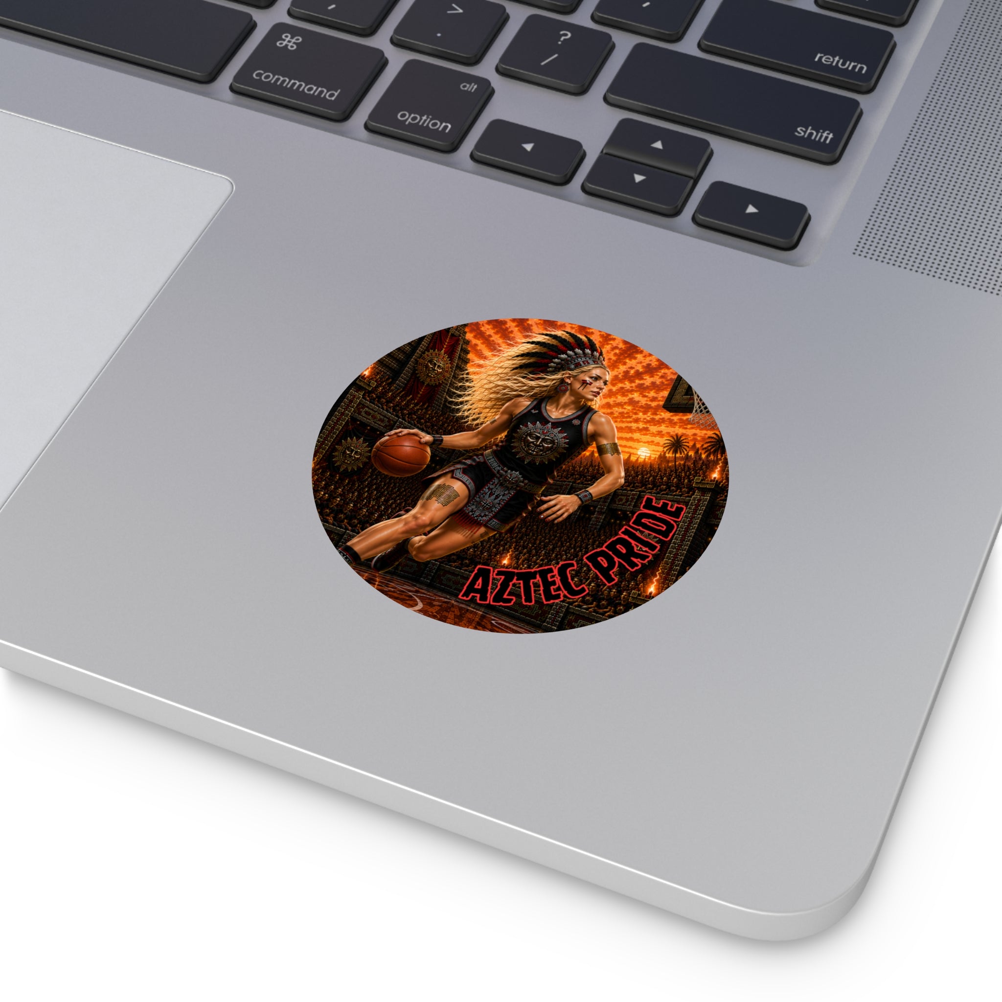 Aztec Basketball Female Warrior Round Vinyl Sticker 2”–6” | Made & Shipped in the USA • 🚚 FREE USA Shipping • Personalized Option