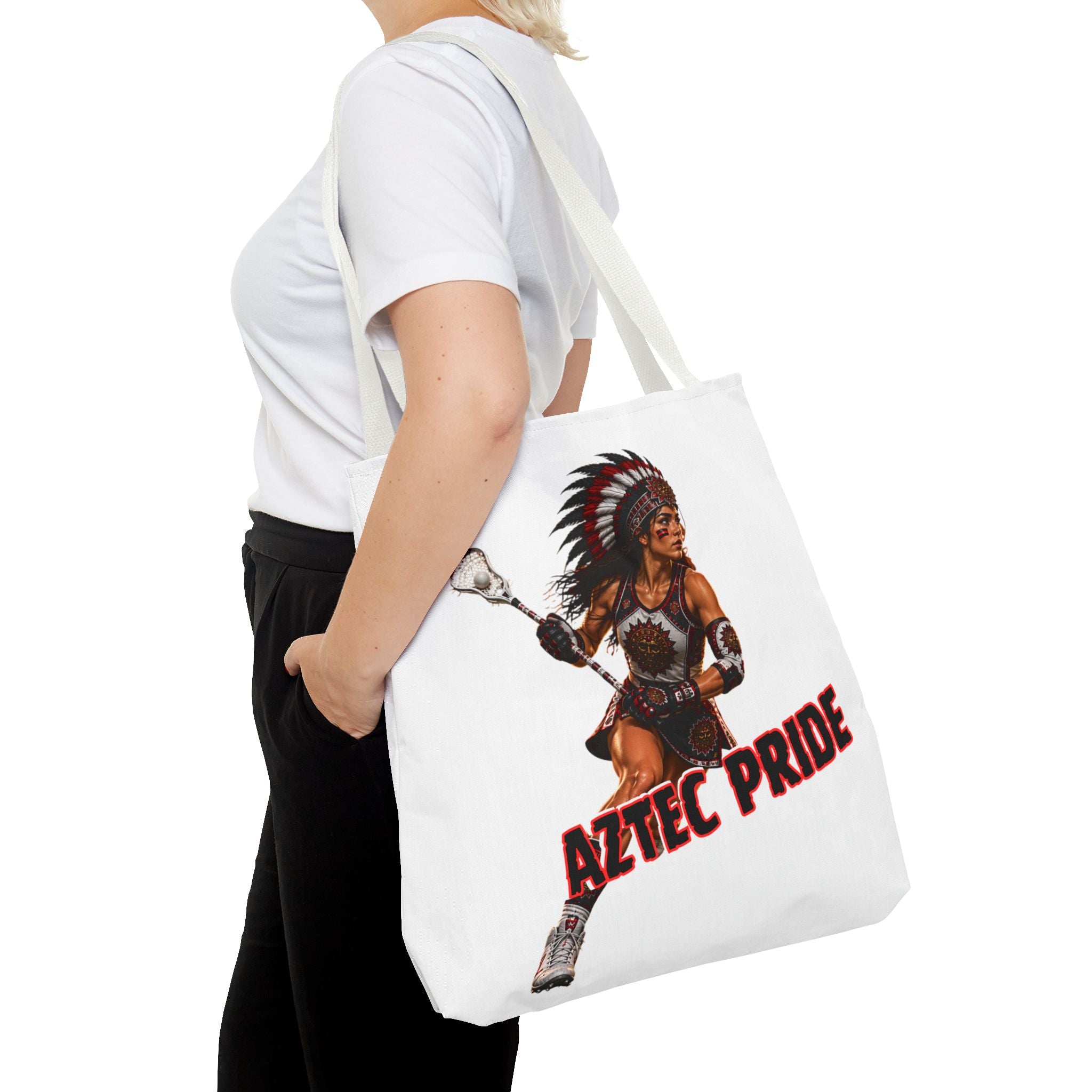 Aztec Lacrosse Female Warrior Tote Bag | Aztec-Inspired AI Art • Made & Shipped in the USA • 🚚 FREE USA Shipping • FREE Personalization