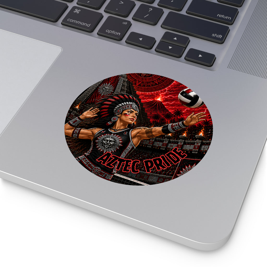 Aztec Volleyball Warrior Round Vinyl Sticker – Waterproof Matte Decal (2”–6”) | Aztec-Inspired AI Art | GringoArte
