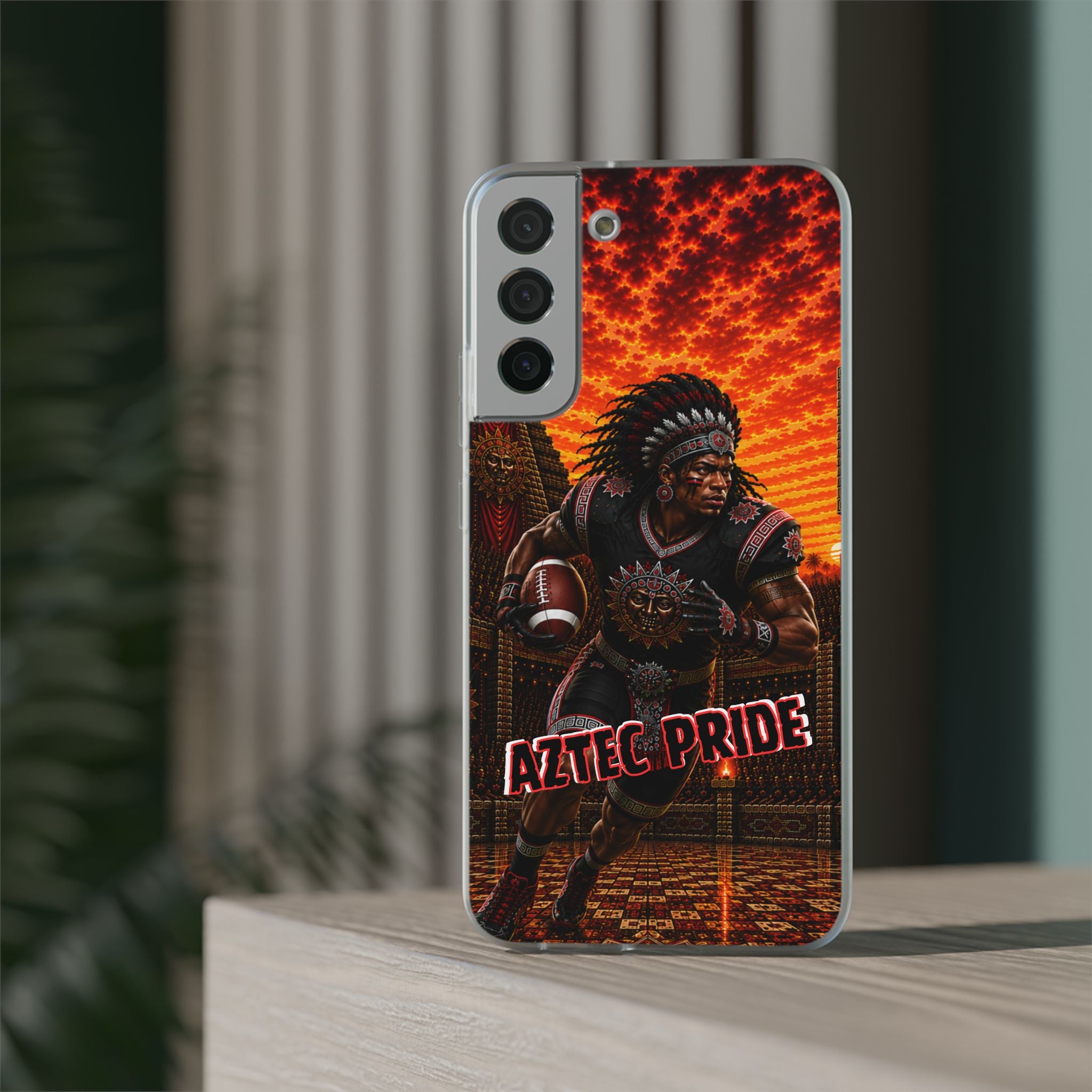 Aztec Football Warrior – Flexi Phone Case (iPhone & Samsung • Clear TPU • Made & Shipped in the USA • 🚚 FREE USA Shipping • Personalized Option)