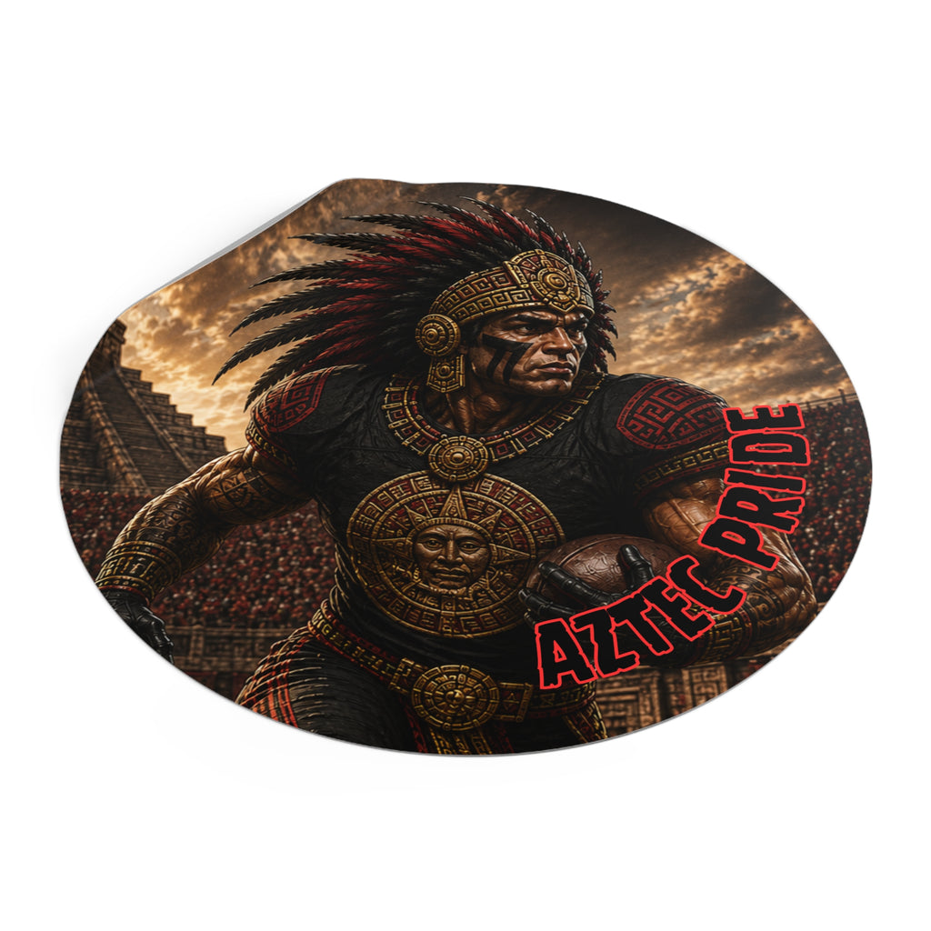 Aztec Football Running Back Warrior Round Vinyl Sticker - Waterproof Matte Decal 2”-6” | Aztec-Inspired AI Art | GringoArte