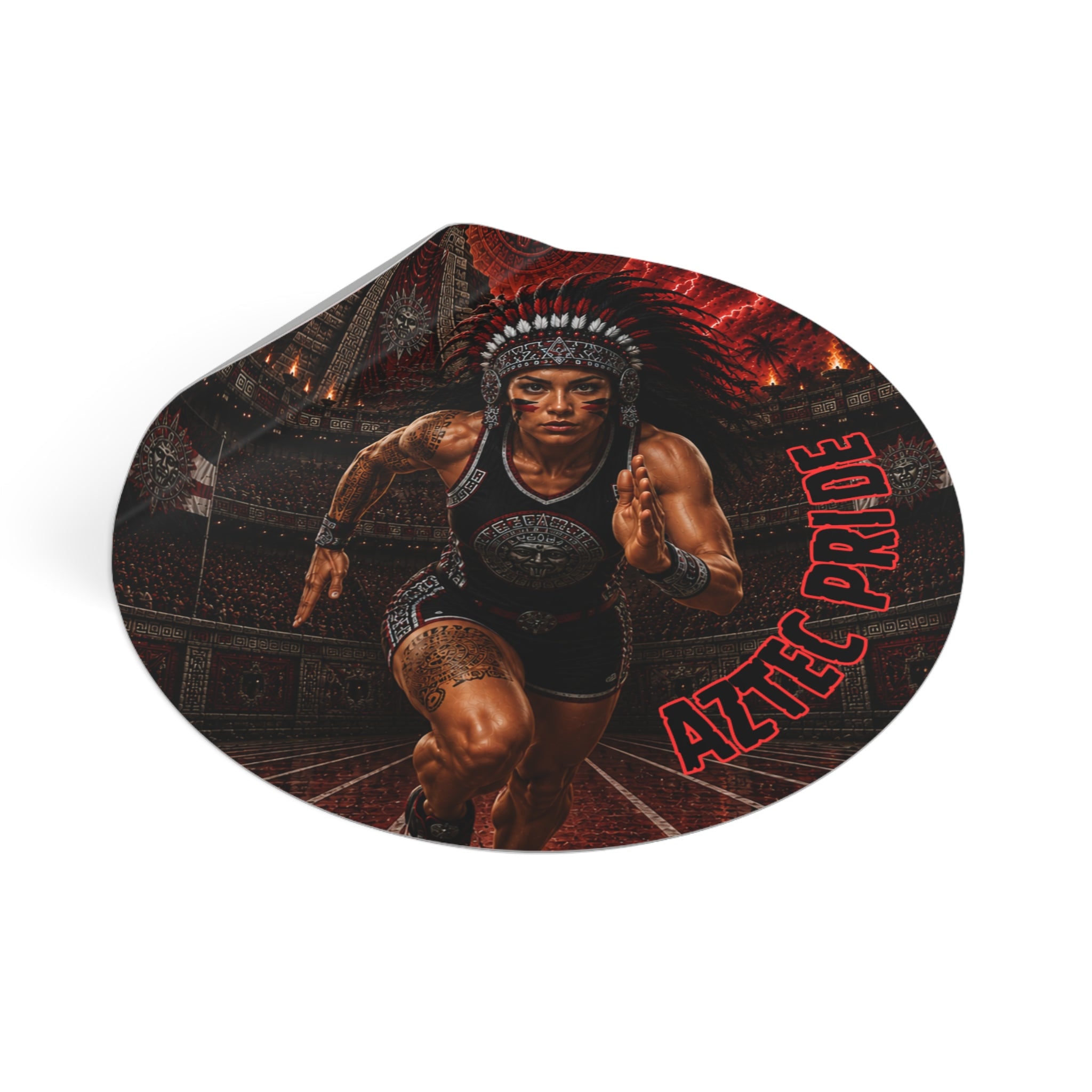 Aztec Track & Field Female Warrior Round Vinyl Sticker 2”–6” | Made & Shipped in the USA • 🚚 FREE USA Shipping • Personalized Option
