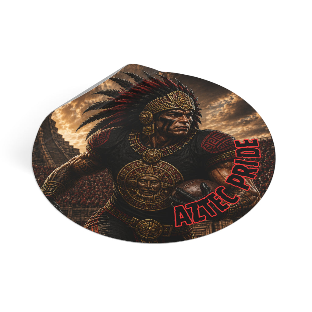 Aztec Football Running Back Warrior Round Vinyl Sticker - Waterproof Matte Decal 2”-6” | Aztec-Inspired AI Art | GringoArte