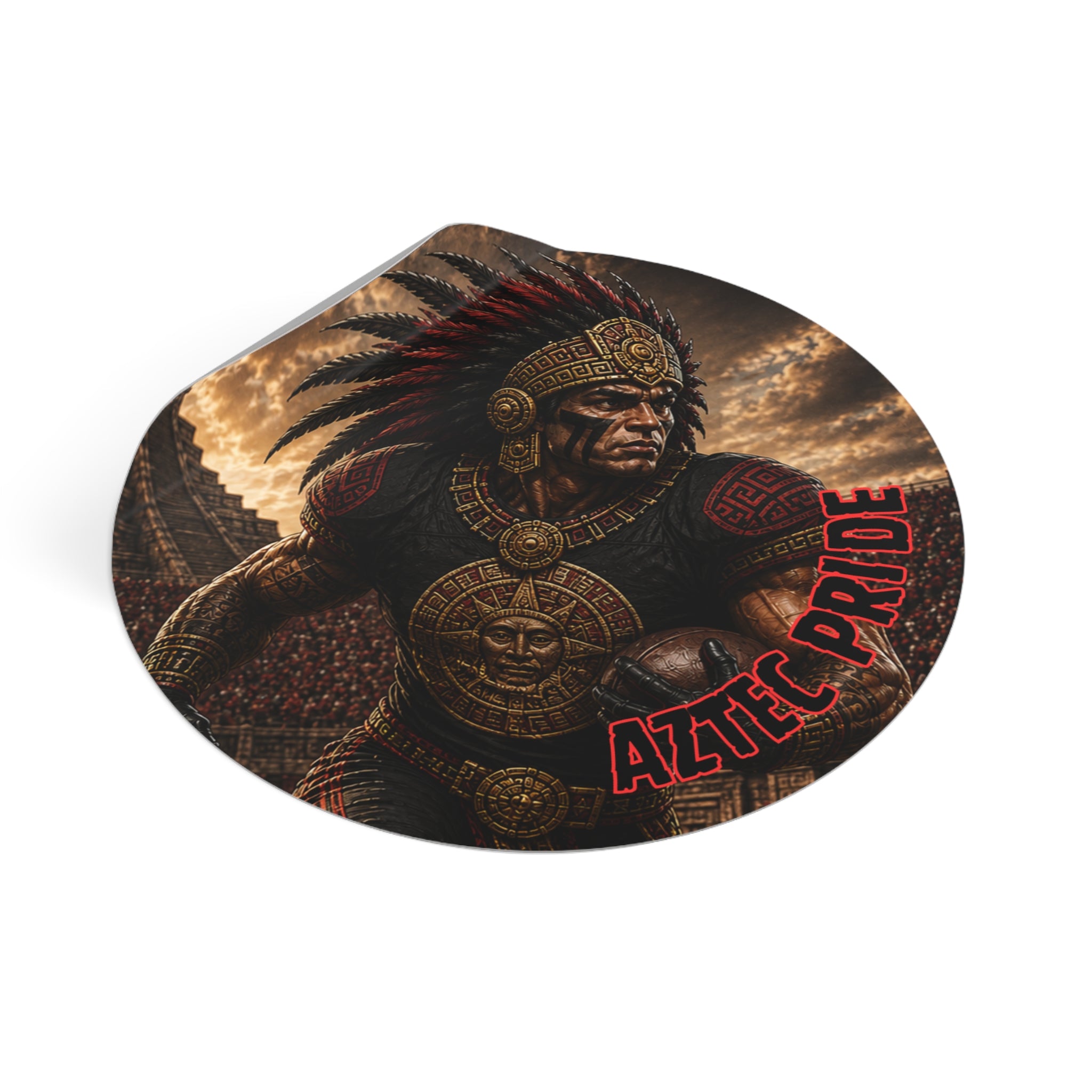 Aztec Football Running Back Warrior Round Vinyl Sticker - Waterproof Matte Decal 2”-6” | Aztec-Inspired AI Art | GringoArte