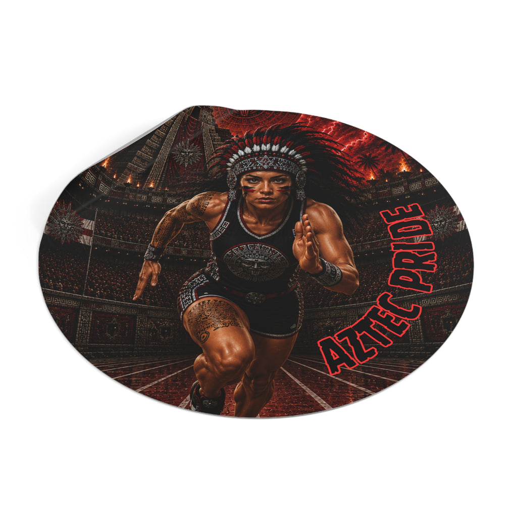 Aztec Track & Field Female Warrior Round Vinyl Sticker 2”–6” | Made & Shipped in the USA • 🚚 FREE USA Shipping • Personalized Option