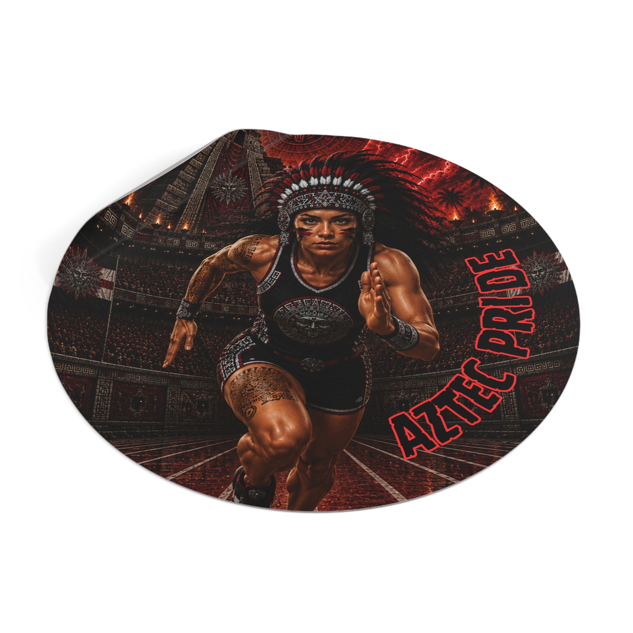Aztec Track & Field Female Warrior Round Vinyl Sticker 2”–6” | Made & Shipped in the USA • 🚚 FREE USA Shipping • Personalized Option