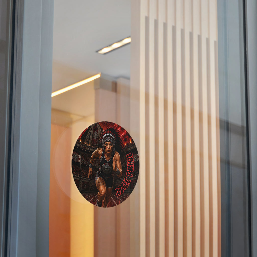 Aztec Track & Field Female Warrior Round Vinyl Sticker 2”–6” | Made & Shipped in the USA • 🚚 FREE USA Shipping • Personalized Option
