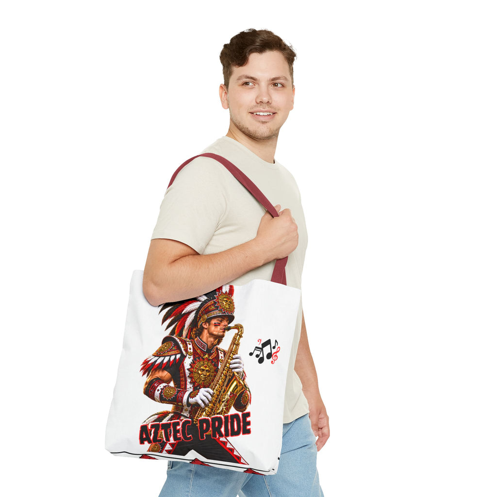 Aztec Saxophone Warrior Tote Bag | Aztec-Inspired AI Art • Made & Shipped in the USA • 🚚 FREE USA Shipping • FREE Personalization
