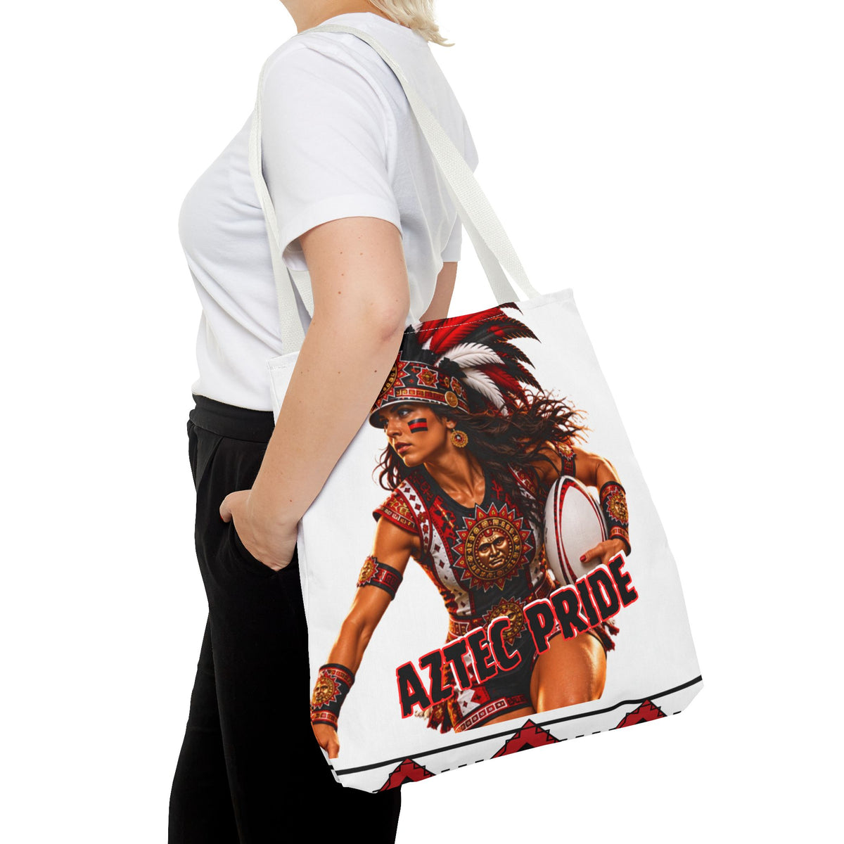 Aztec Rugby Female Warrior Tote Bag | Aztec-Inspired AI Art • Made & Shipped in the USA • 🚚 FREE USA Shipping • FREE Personalization