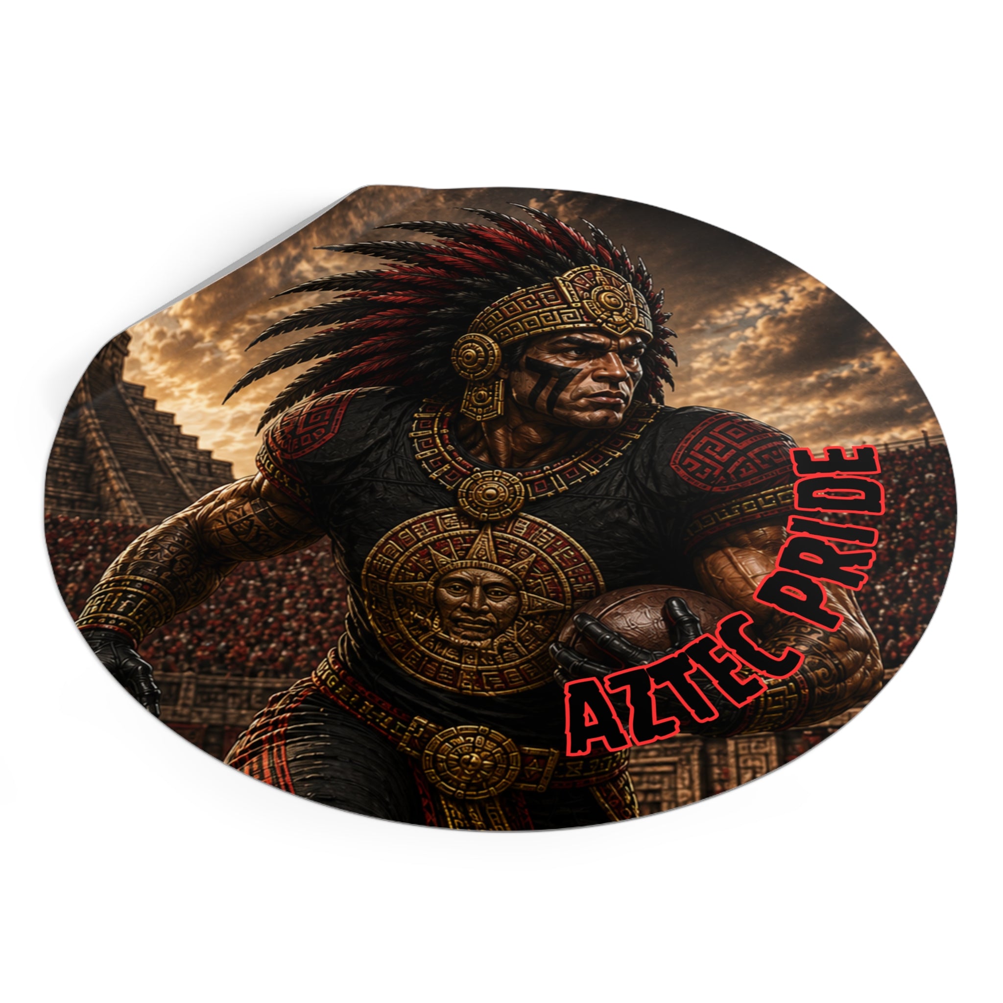 Aztec Football Running Back Warrior Round Vinyl Sticker - Waterproof Matte Decal 2”-6” | Aztec-Inspired AI Art | GringoArte
