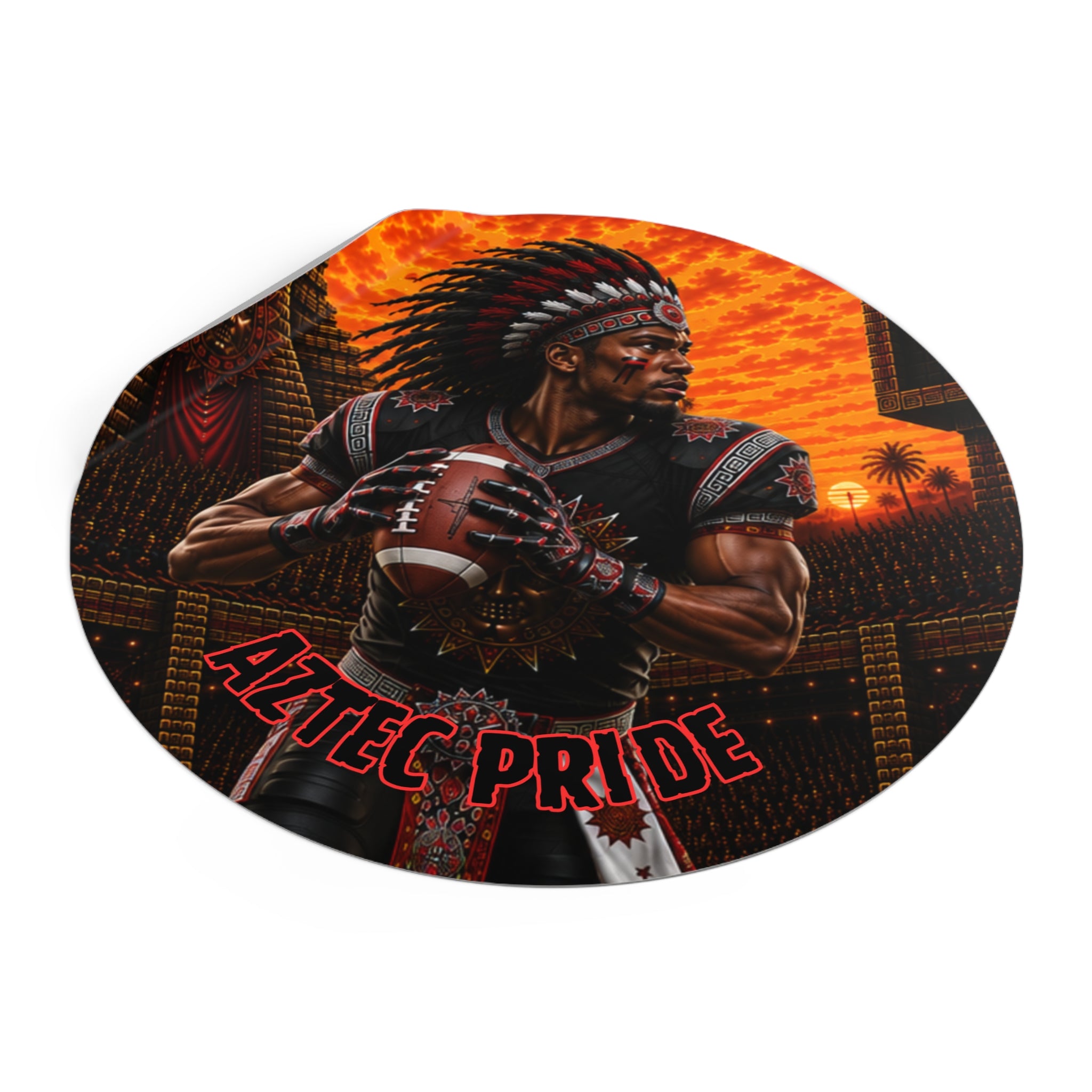 Aztec Football Quarterback Warrior Round Vinyl Sticker 2”–6” | Made & Shipped in the USA • 🚚 FREE USA Shipping • Personalized Option