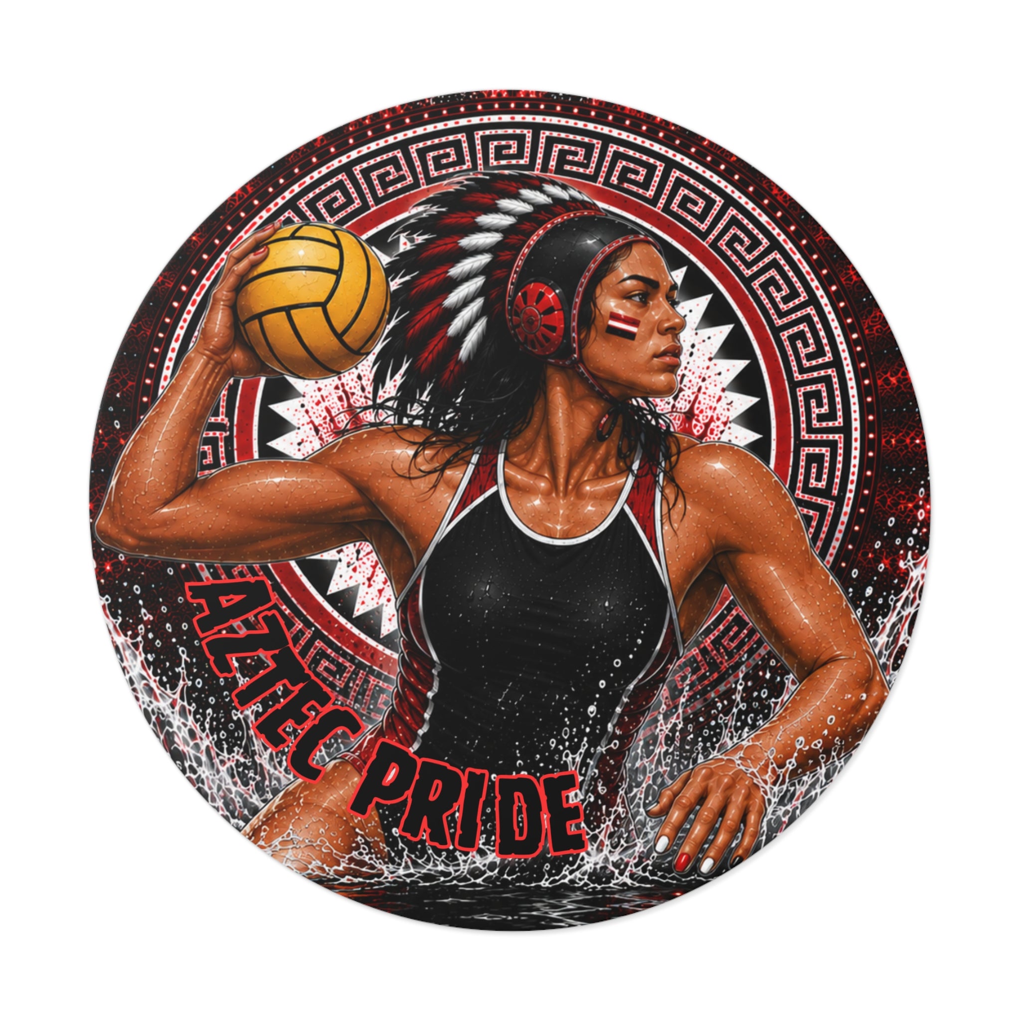 Aztec Water Polo Warrior Round Vinyl Sticker 2”–6” | Made & Shipped in the USA • 🚚 FREE USA Shipping • Personalized Option