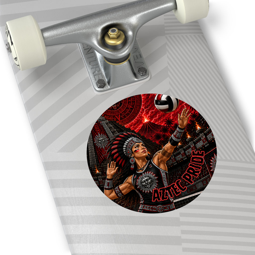 Aztec Volleyball Warrior Round Vinyl Sticker – Waterproof Matte Decal (2”–6”) | Aztec-Inspired AI Art | GringoArte