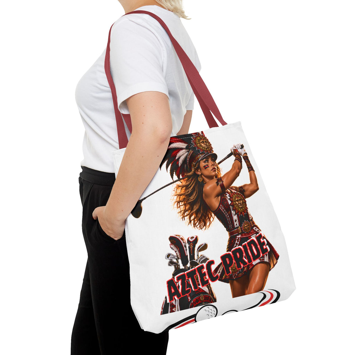 Aztec Golf Female Warrior Tote Bag | Aztec-Inspired AI Art • Made & Shipped in the USA • 🚚 FREE USA Shipping • FREE Personalization