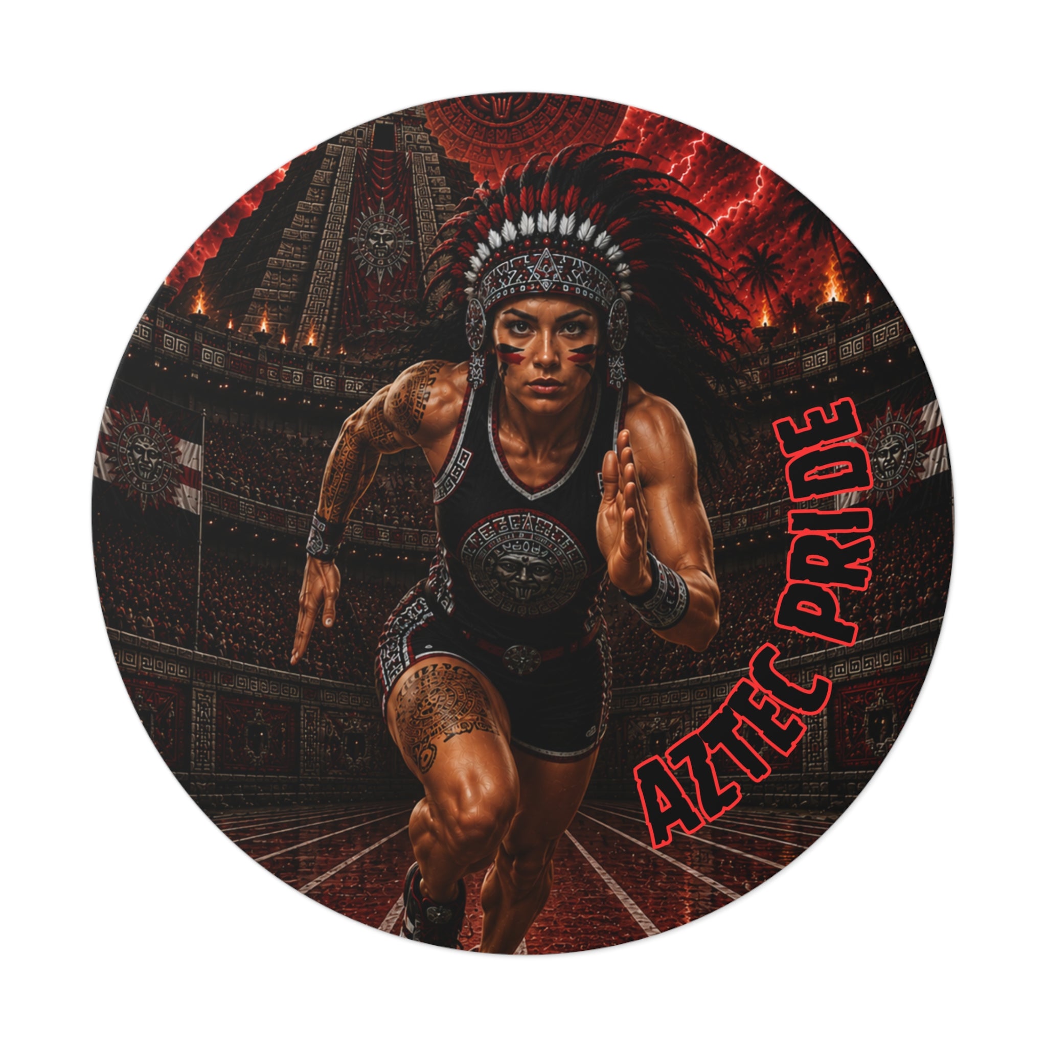 Aztec Track & Field Female Warrior Round Vinyl Sticker 2”–6” | Made & Shipped in the USA • 🚚 FREE USA Shipping • Personalized Option