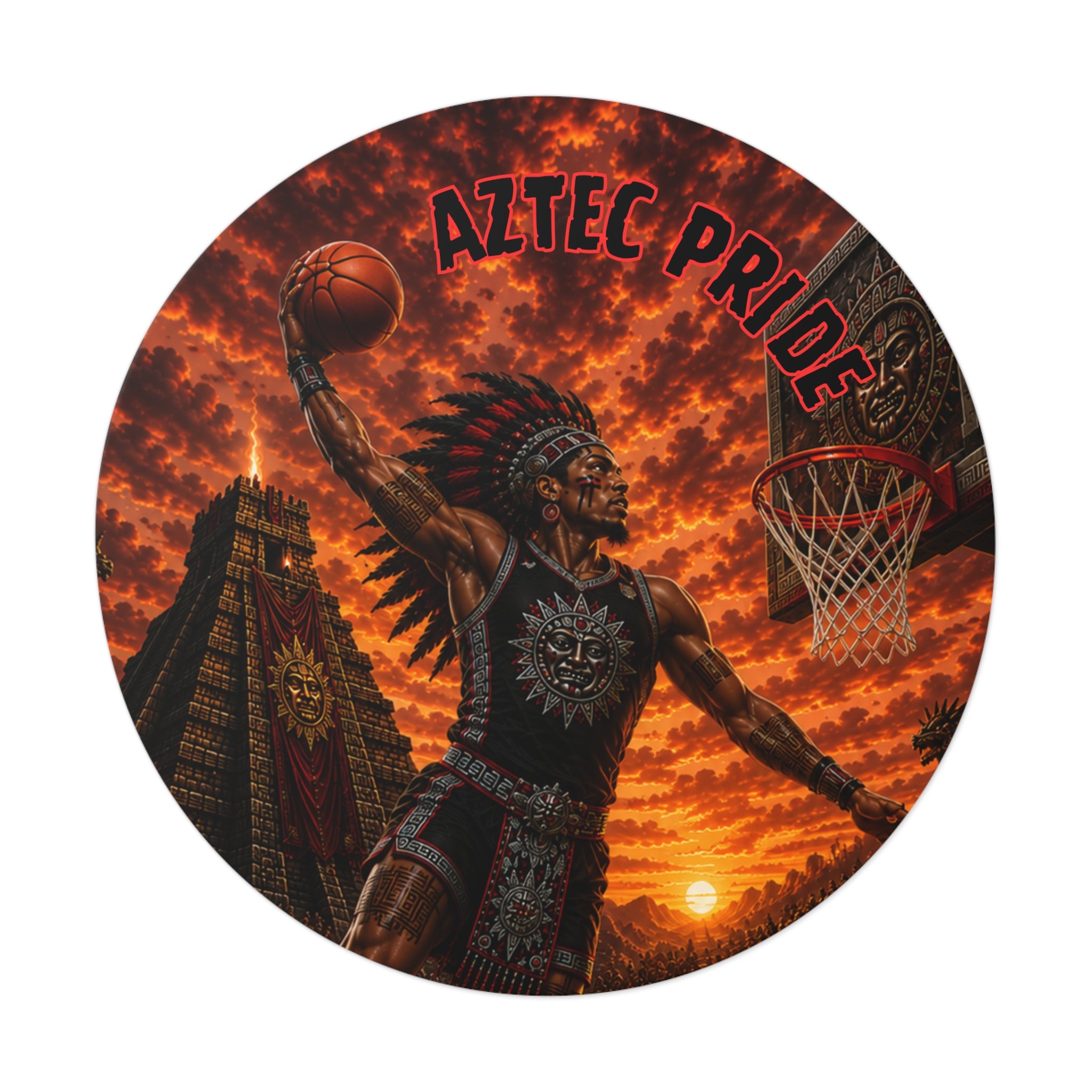 Aztec Basketball Male Warrior Round Vinyl Sticker 2”–6” | Made & Shipped in the USA • 🚚 FREE USA Shipping • Personalized Option