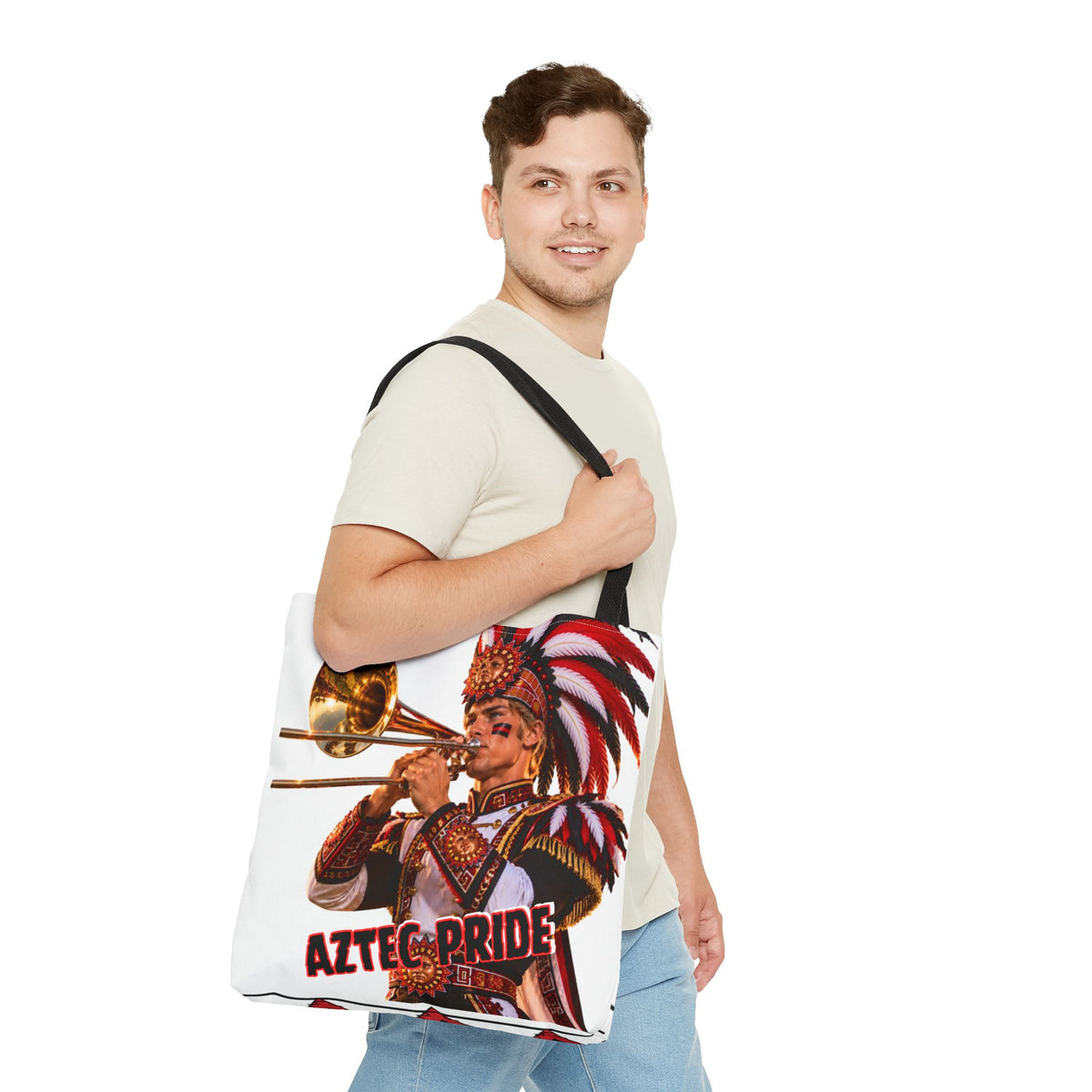 Aztec Trombone Warrior Tote Bag | Aztec-Inspired AI Art • Made & Shipped in the USA • 🚚 FREE USA Shipping • FREE Personalization
