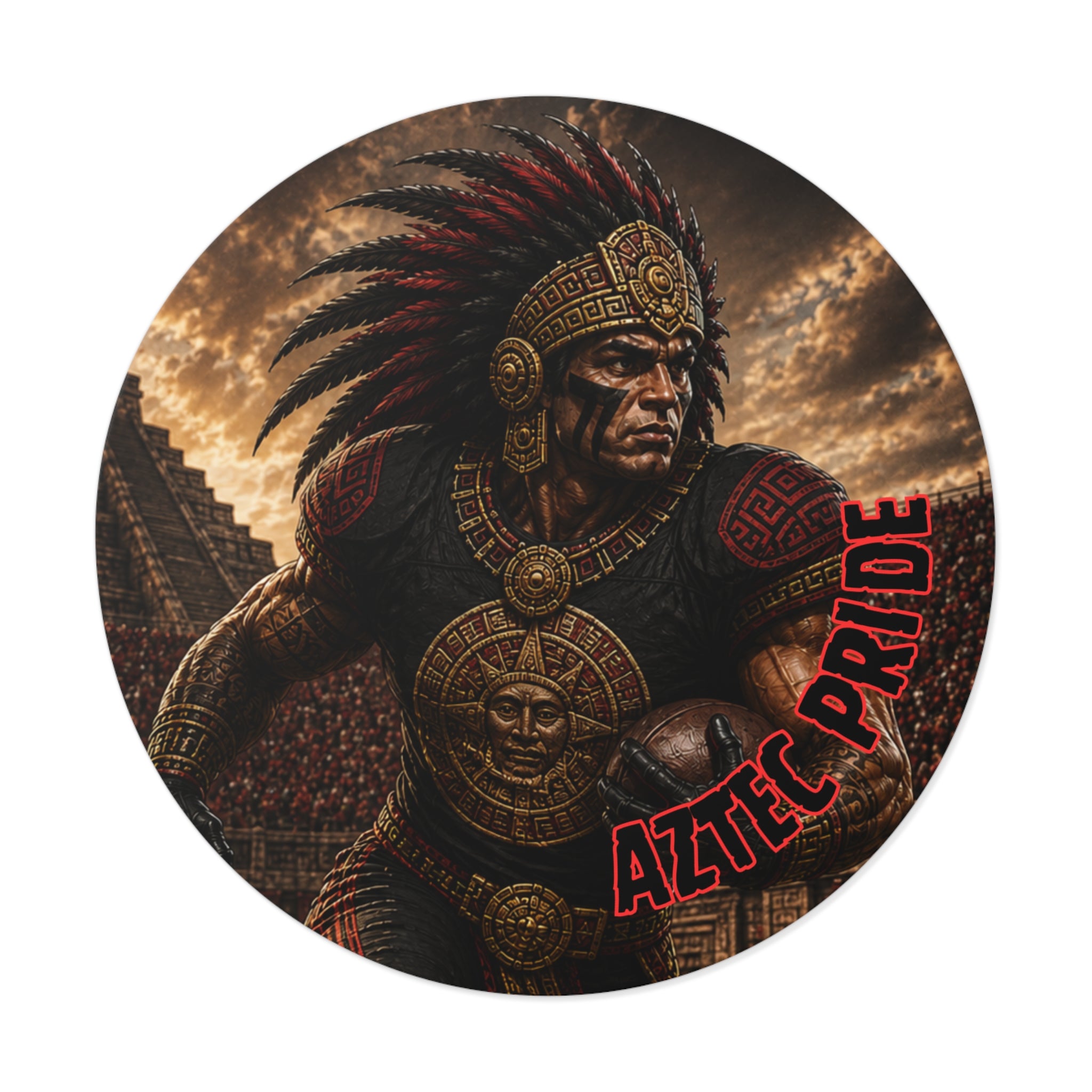 Aztec Football Running Back Warrior Round Vinyl Sticker - Waterproof Matte Decal 2”-6” | Aztec-Inspired AI Art | GringoArte