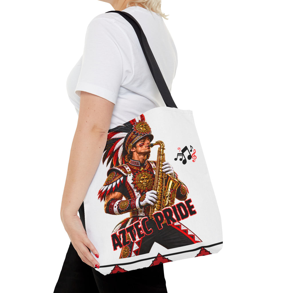 Aztec Saxophone Warrior Tote Bag | Aztec-Inspired AI Art • Made & Shipped in the USA • 🚚 FREE USA Shipping • FREE Personalization