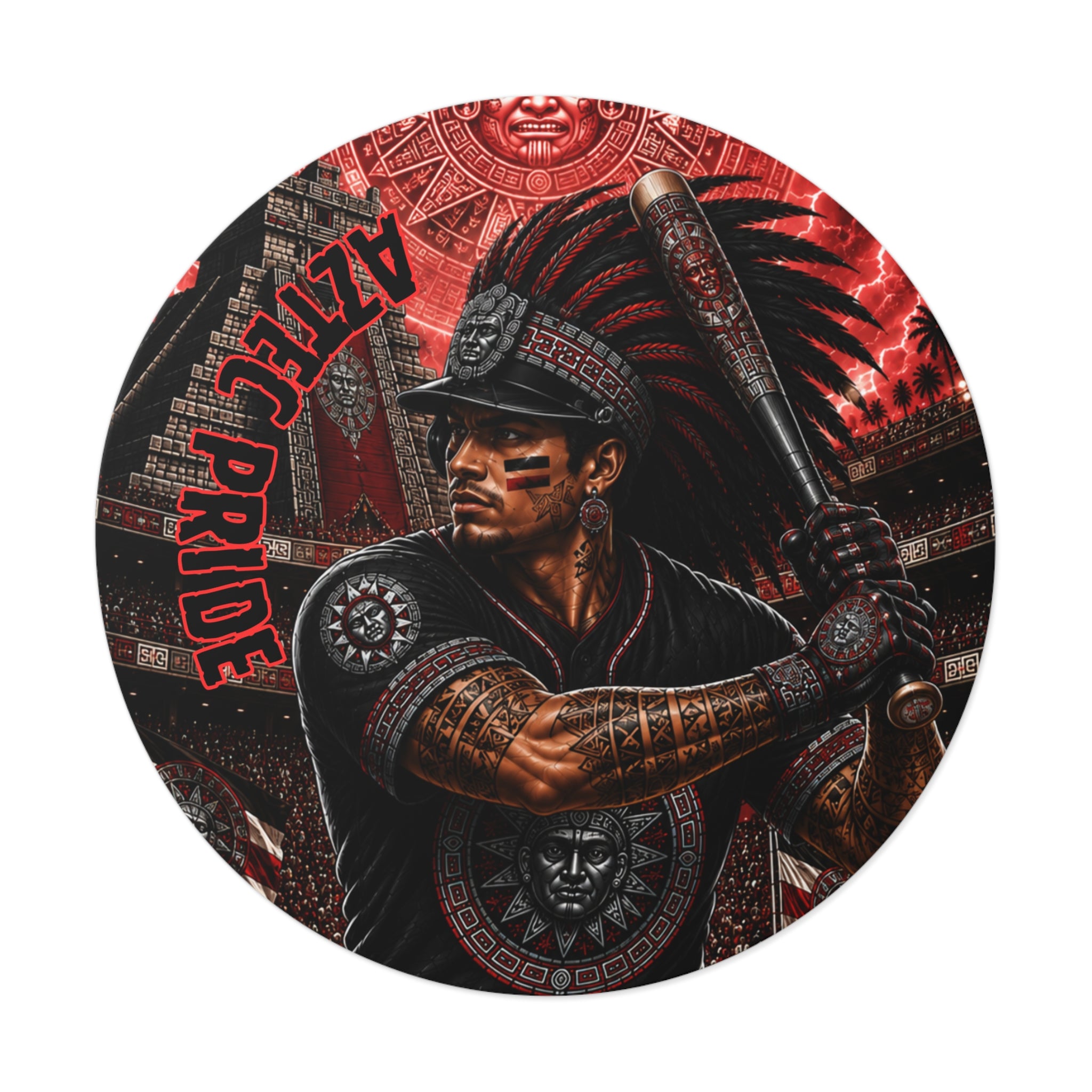 Aztec Baseball Warrior Round Vinyl Sticker – Waterproof Matte Decal (2”–6”) | Aztec-Inspired AI Art | GringoArte