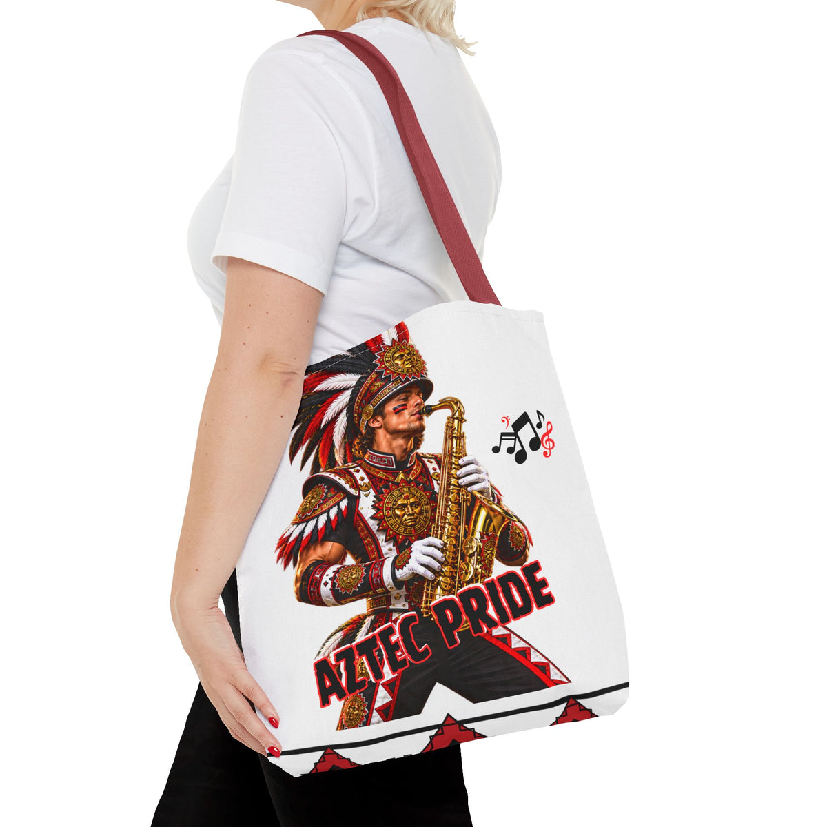 Aztec Saxophone Warrior Tote Bag | Aztec-Inspired AI Art • Made & Shipped in the USA • 🚚 FREE USA Shipping • FREE Personalization