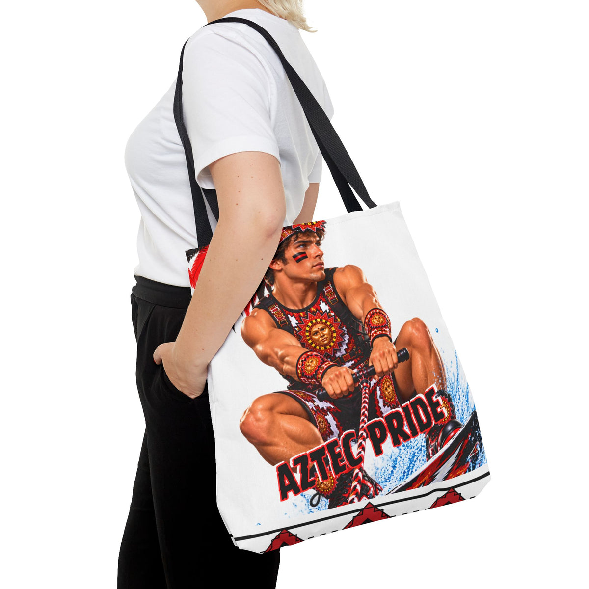 Aztec Waterski Wakeboard Warrior Tote Bag | Aztec-Inspired AI Art • Made & Shipped in the USA • 🚚 FREE USA Shipping • FREE Personalization