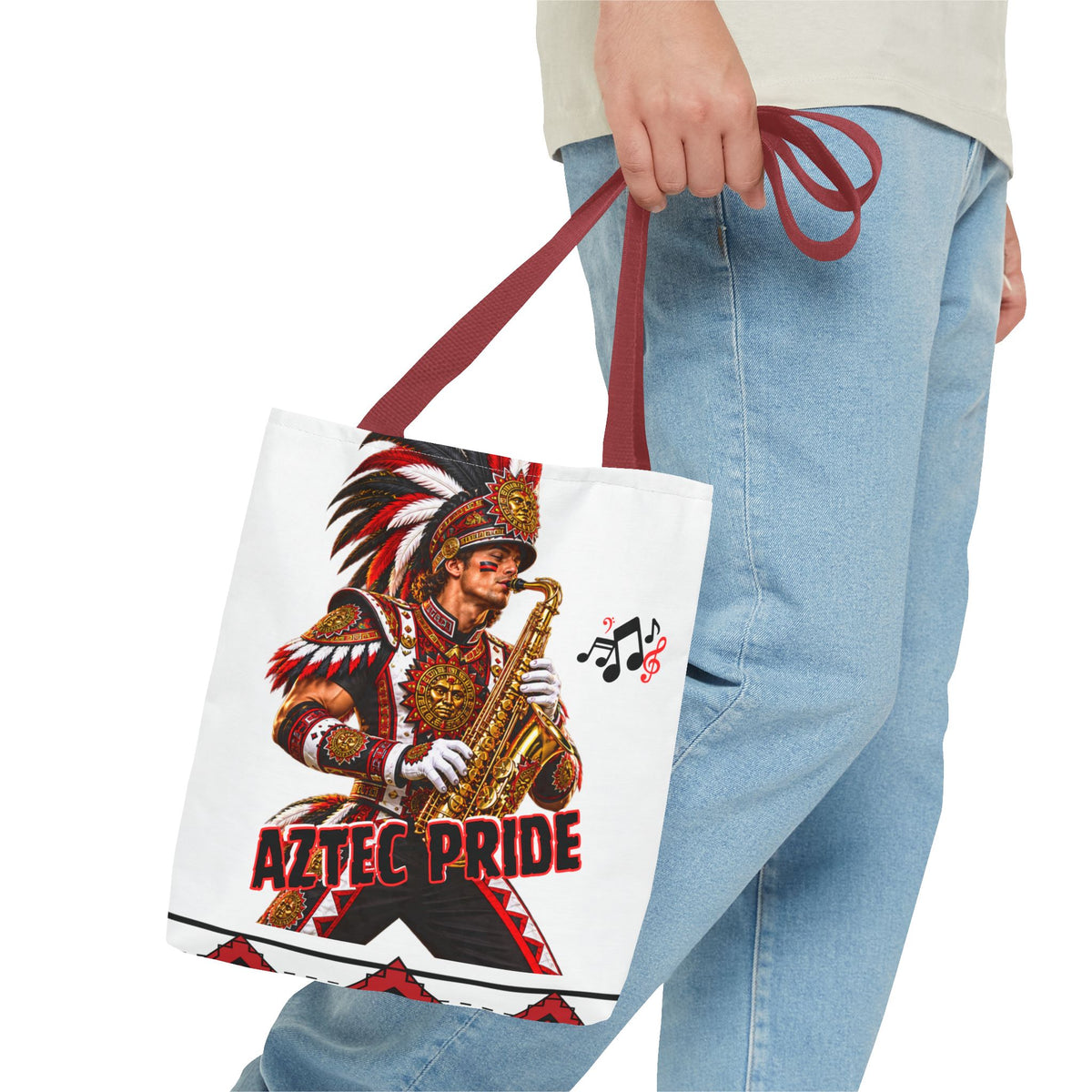 Aztec Saxophone Warrior Tote Bag | Aztec-Inspired AI Art • Made & Shipped in the USA • 🚚 FREE USA Shipping • FREE Personalization