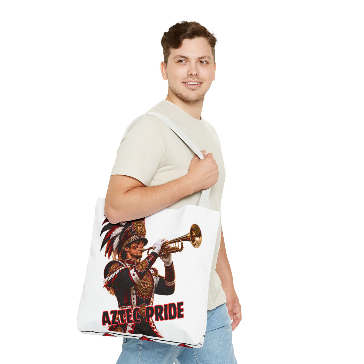 Aztec Trumpet Warrior Tote Bag | Aztec-Inspired AI Art • Made & Shipped in the USA • 🚚 FREE USA Shipping • FREE Personalization