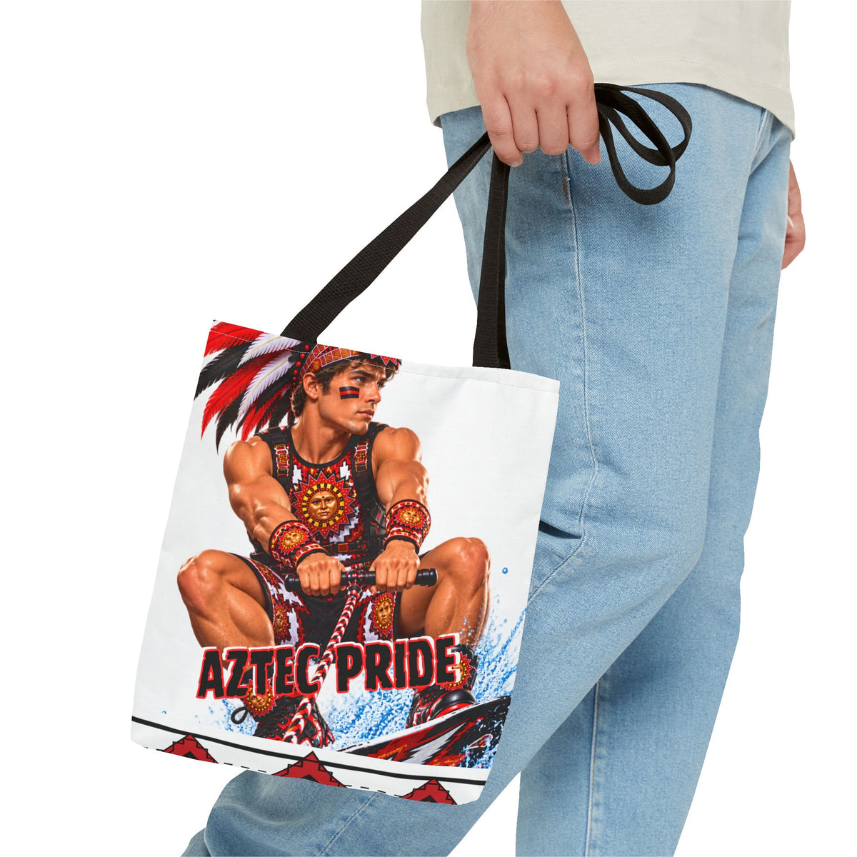 Aztec Waterski Wakeboard Warrior Tote Bag | Aztec-Inspired AI Art • Made & Shipped in the USA • 🚚 FREE USA Shipping • FREE Personalization