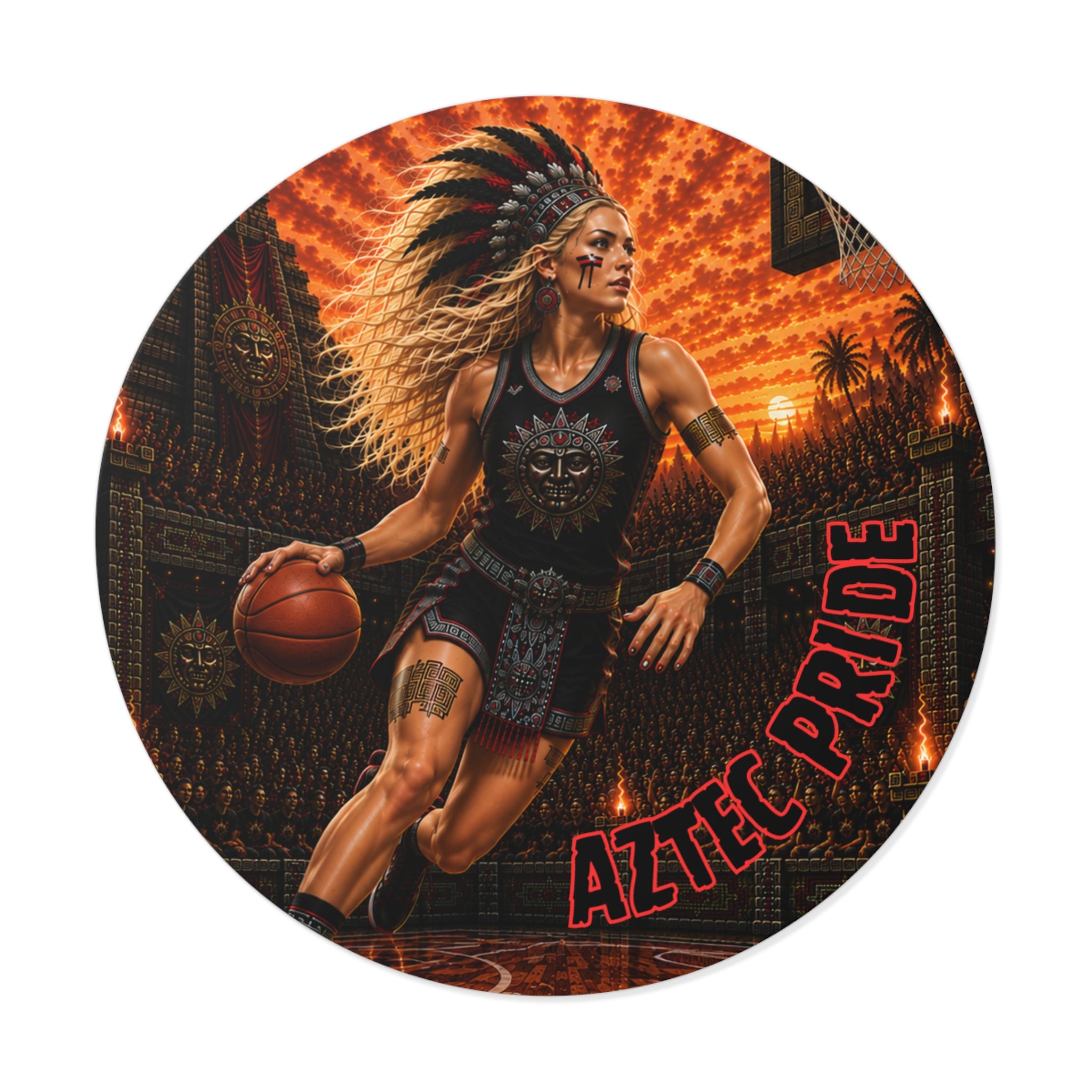 Aztec Basketball Female Warrior Round Vinyl Sticker 2”–6” | Made & Shipped in the USA • 🚚 FREE USA Shipping • Personalized Option