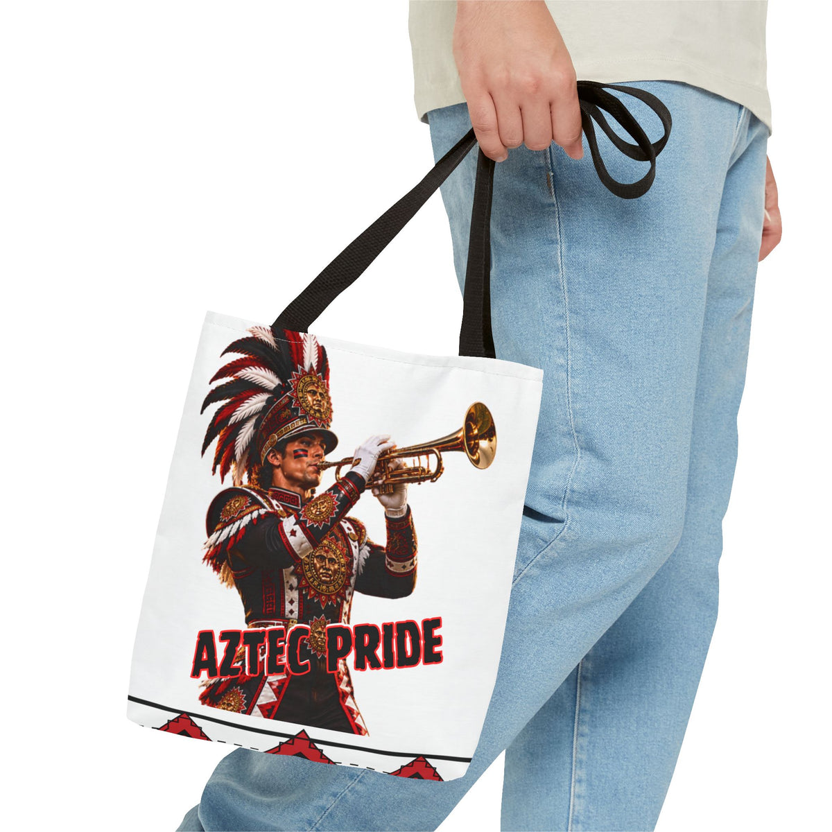 Aztec Trumpet Warrior Tote Bag | Aztec-Inspired AI Art • Made & Shipped in the USA • 🚚 FREE USA Shipping • FREE Personalization