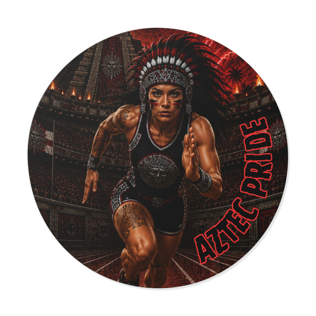 Aztec Track & Field Female Warrior Round Vinyl Sticker 2”–6” | Made & Shipped in the USA • 🚚 FREE USA Shipping • Personalized Option