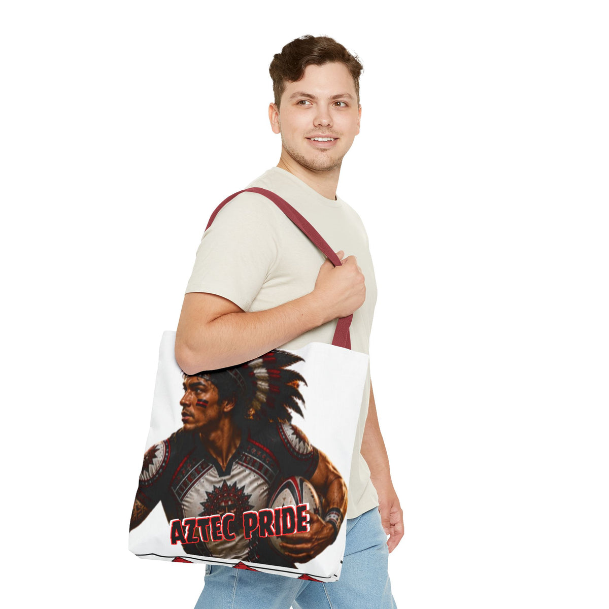 Aztec Rugby Male Warrior Tote Bag | Aztec-Inspired AI Art • Made & Shipped in the USA • 🚚 FREE USA Shipping • FREE Personalization