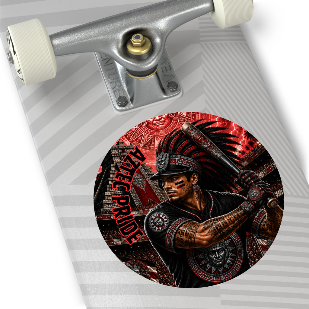 Aztec Baseball Warrior Round Vinyl Sticker – Waterproof Matte Decal (2”–6”) | Aztec-Inspired AI Art | GringoArte