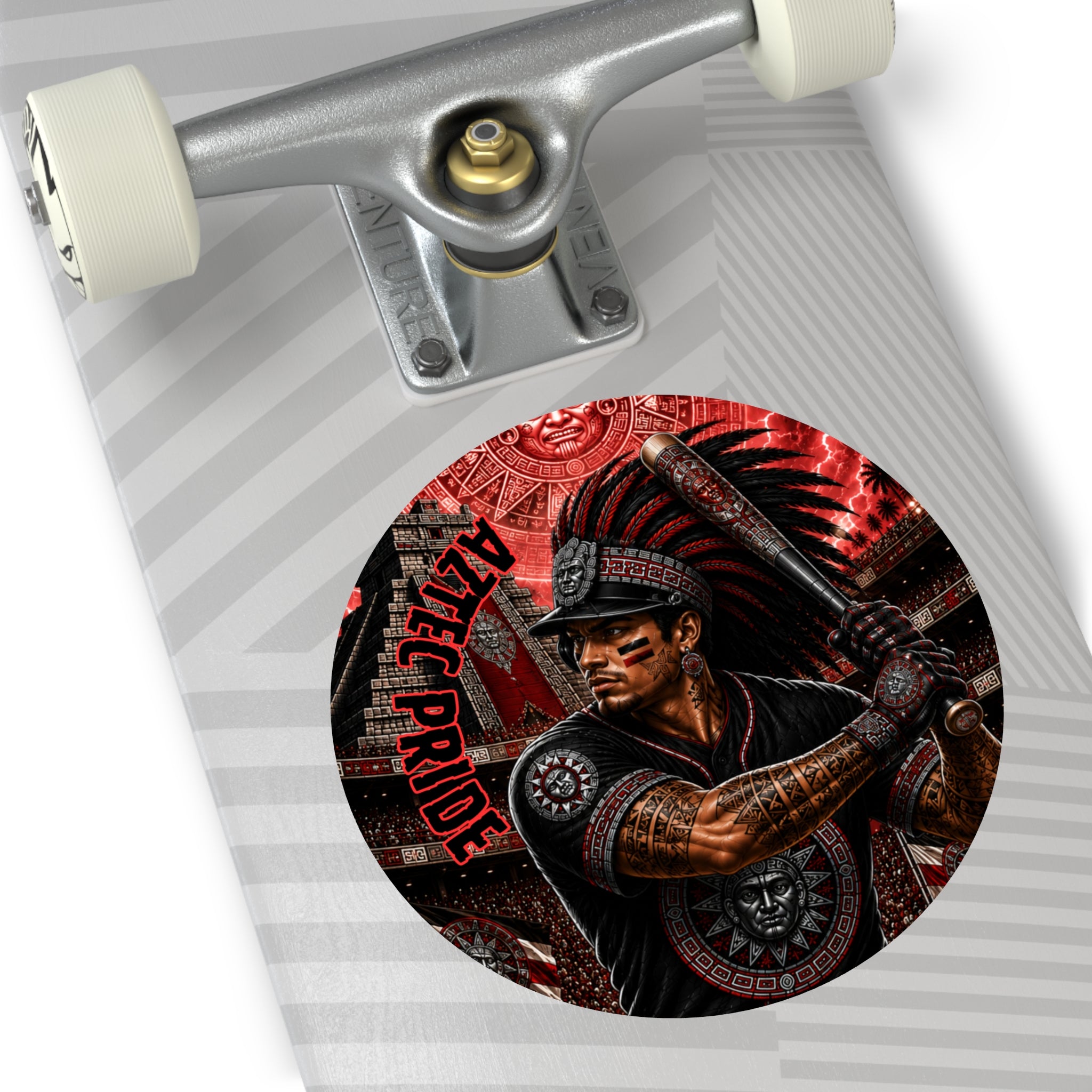 Aztec Baseball Warrior Round Vinyl Sticker – Waterproof Matte Decal (2”–6”) | Aztec-Inspired AI Art | GringoArte