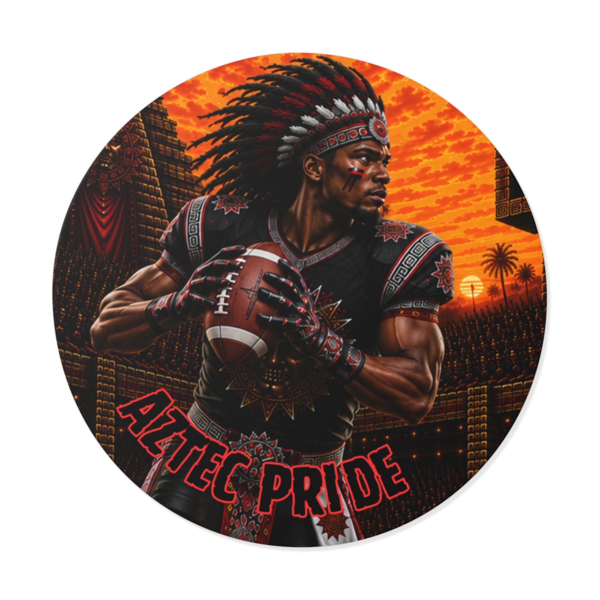 Aztec Football Quarterback Warrior Round Vinyl Sticker 2”–6” | Made & Shipped in the USA • 🚚 FREE USA Shipping • Personalized Option