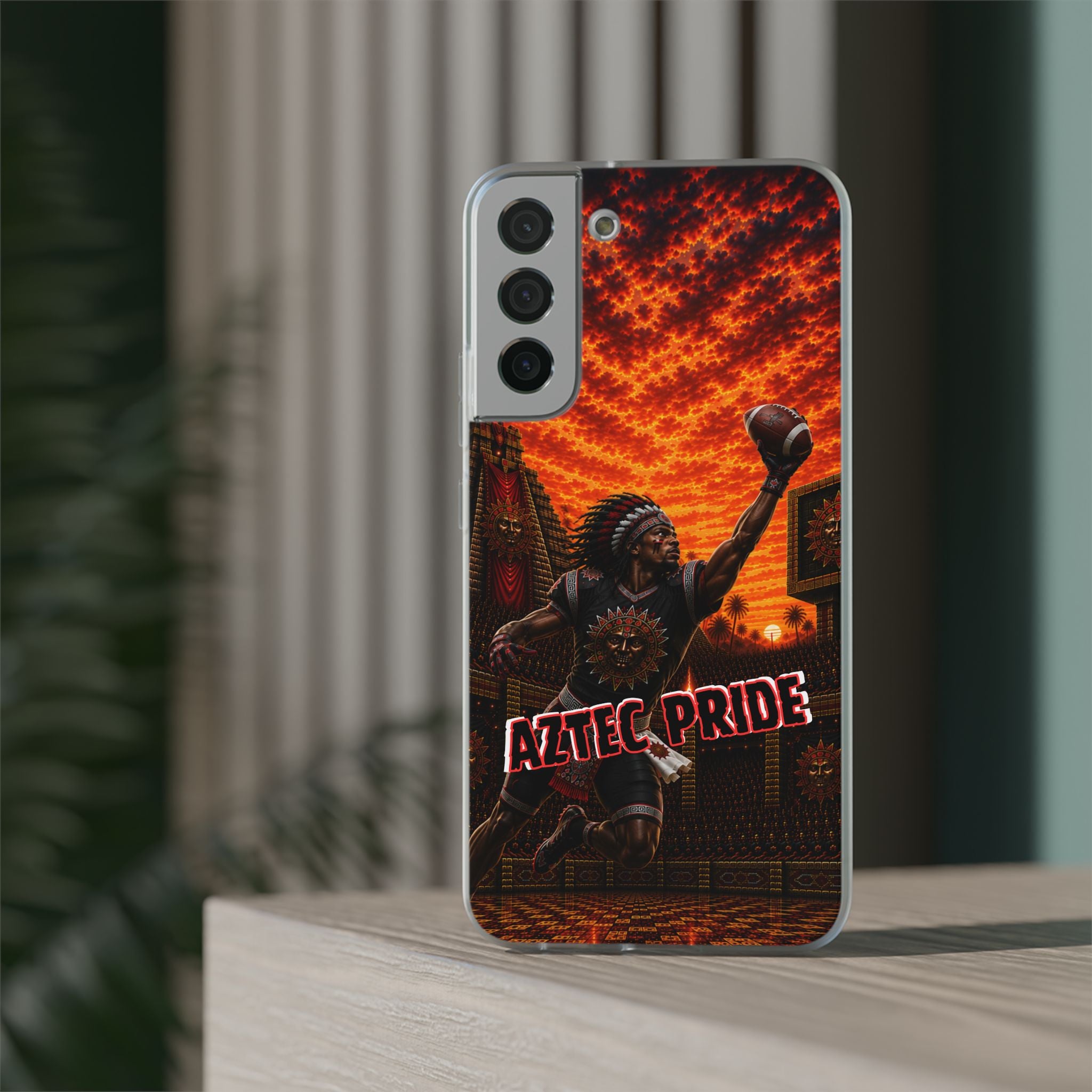 Aztec Football Warrior – Flexi Phone Case (iPhone & Samsung • Clear TPU • Made & Shipped in the USA • 🚚 FREE USA Shipping • Personalized Option)