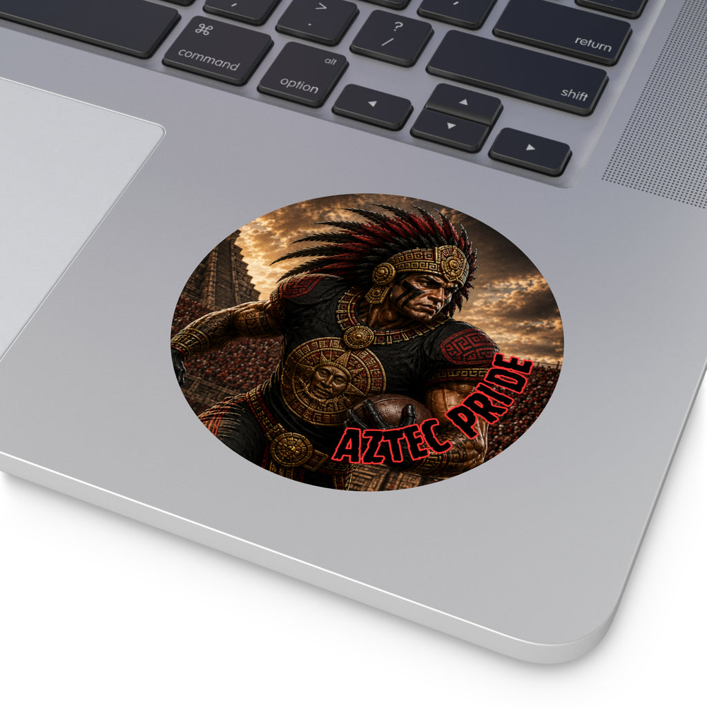 Aztec Football Running Back Warrior Round Vinyl Sticker - Waterproof Matte Decal 2”-6” | Aztec-Inspired AI Art | GringoArte