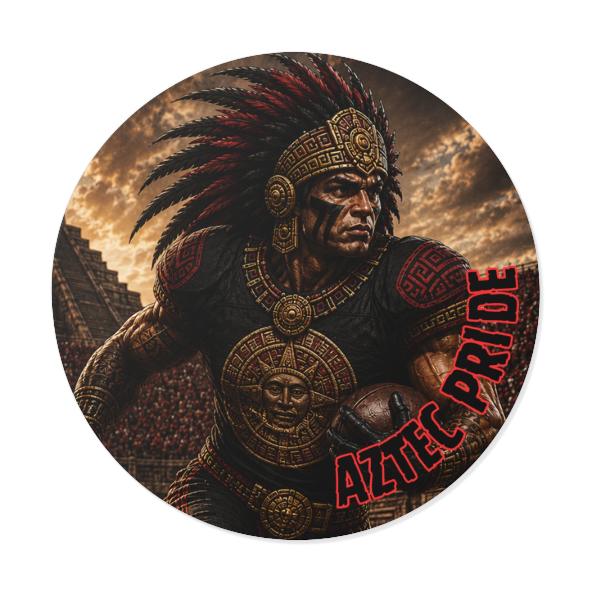 Aztec Football Running Back Warrior Round Vinyl Sticker - Waterproof Matte Decal 2”-6” | Aztec-Inspired AI Art | GringoArte