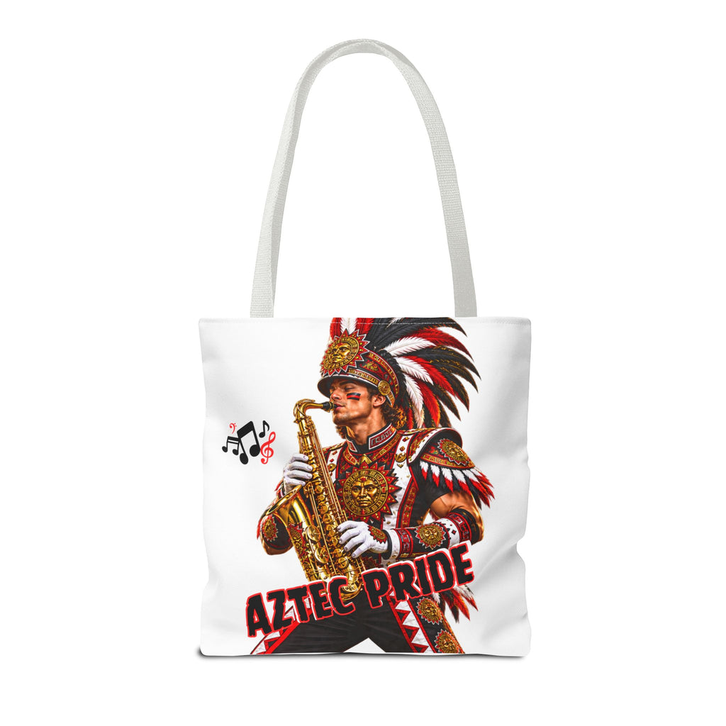 Aztec Saxophone Warrior Tote Bag | Aztec-Inspired AI Art • Made & Shipped in the USA • 🚚 FREE USA Shipping • FREE Personalization