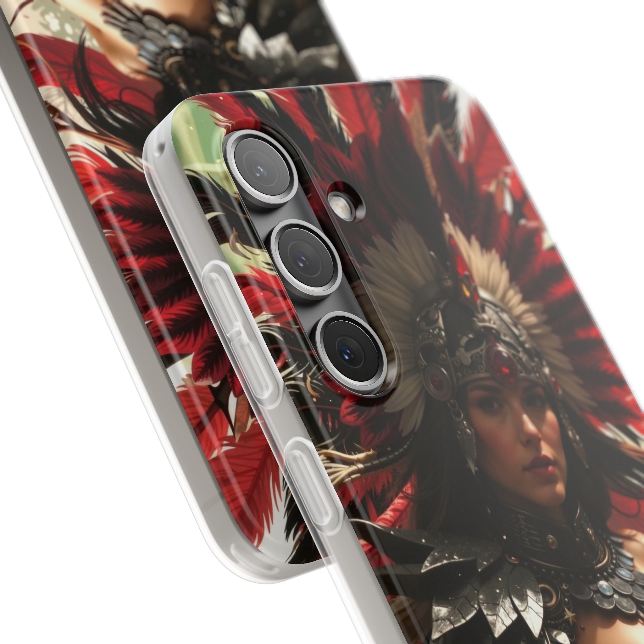 Aztec Blood Feather Goddess – Flexi Phone Case (iPhone & Samsung • Clear TPU • Made in USA • Personalized Option)