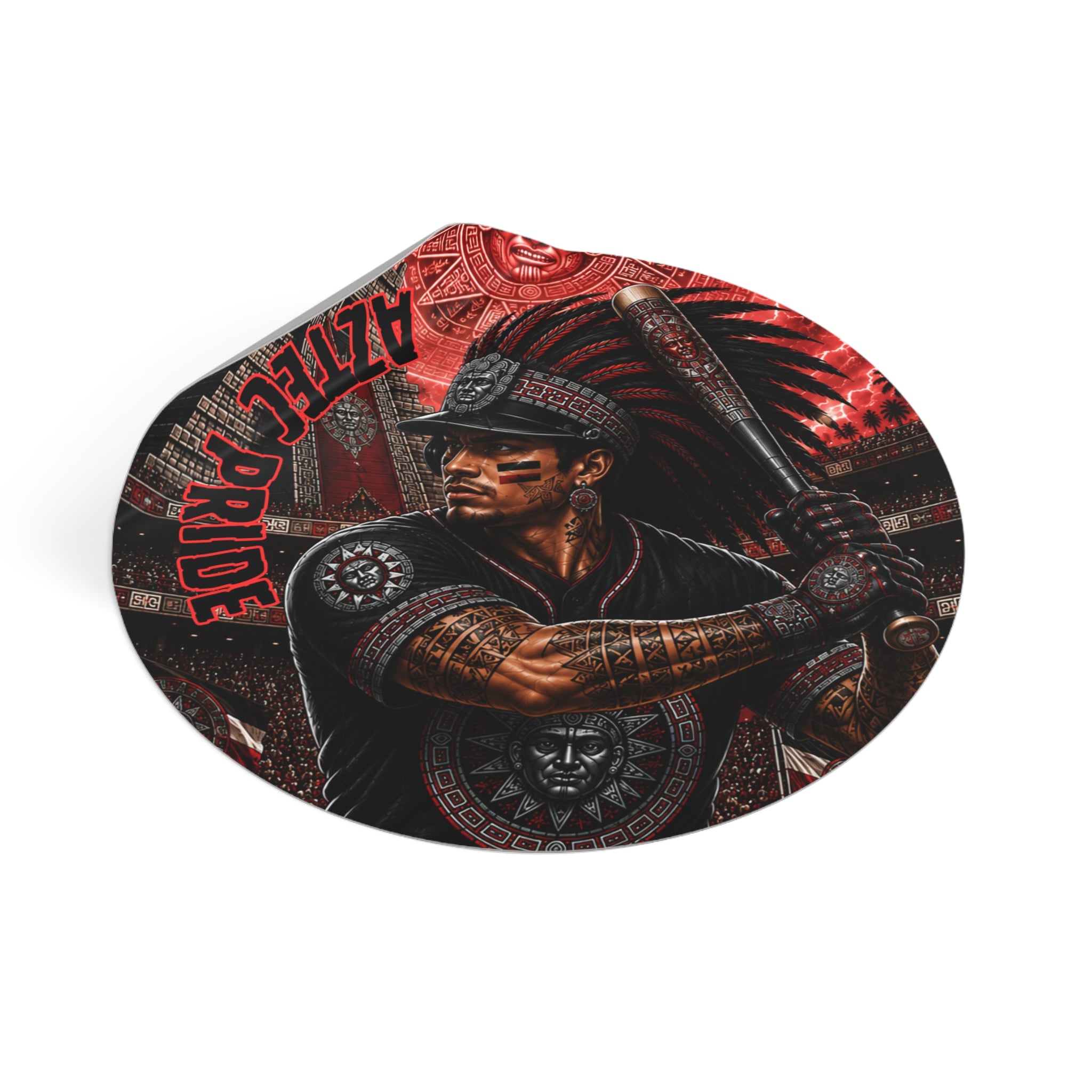 Aztec Baseball Warrior Round Vinyl Sticker – Waterproof Matte Decal (2”–6”) | Aztec-Inspired AI Art | GringoArte
