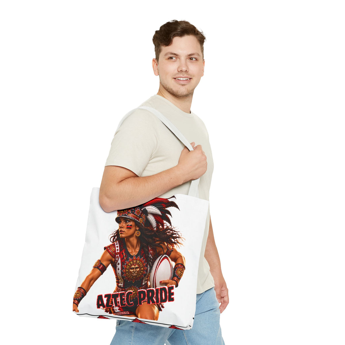 Aztec Rugby Female Warrior Tote Bag | Aztec-Inspired AI Art • Made & Shipped in the USA • 🚚 FREE USA Shipping • FREE Personalization