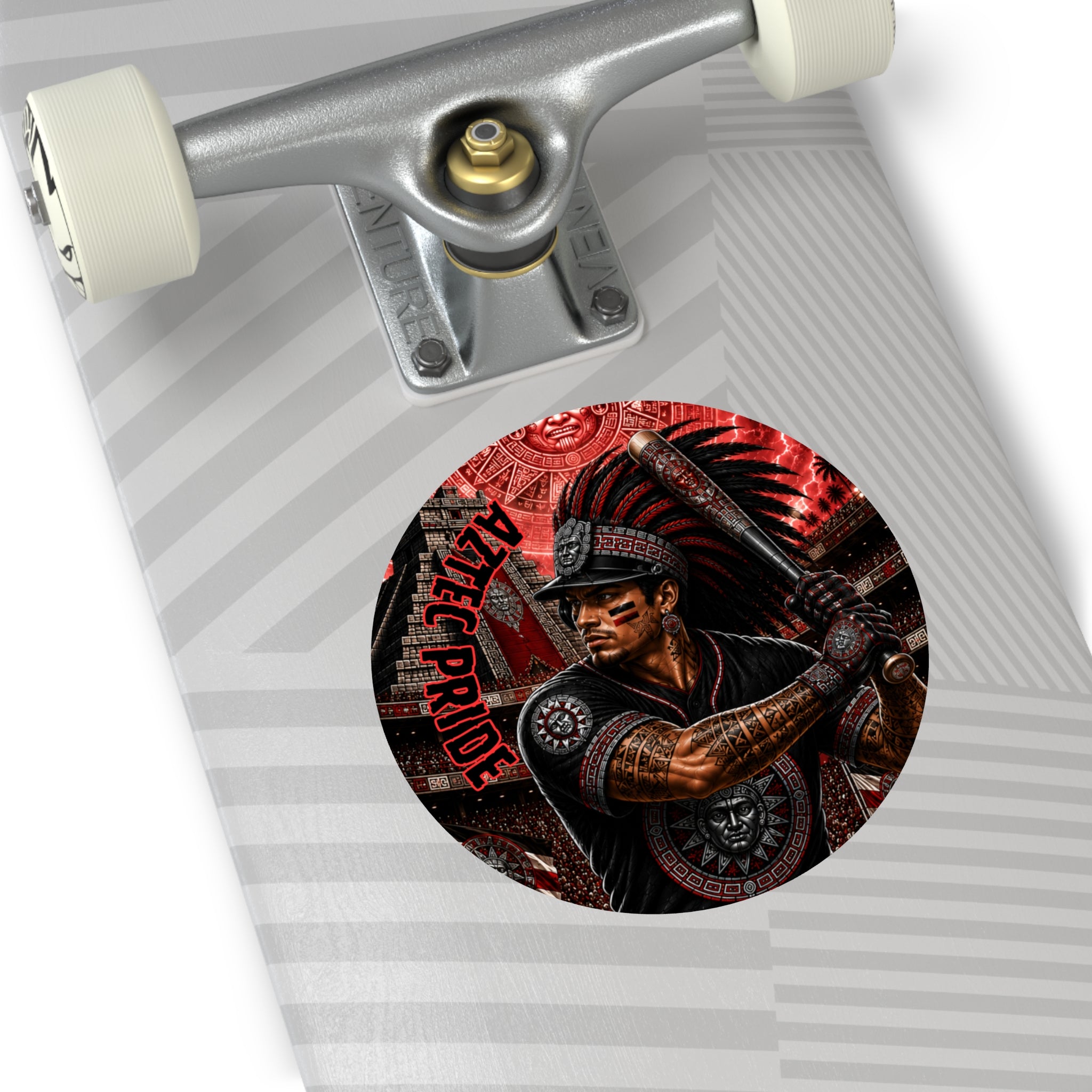 Aztec Baseball Warrior Round Vinyl Sticker – Waterproof Matte Decal (2”–6”) | Aztec-Inspired AI Art | GringoArte